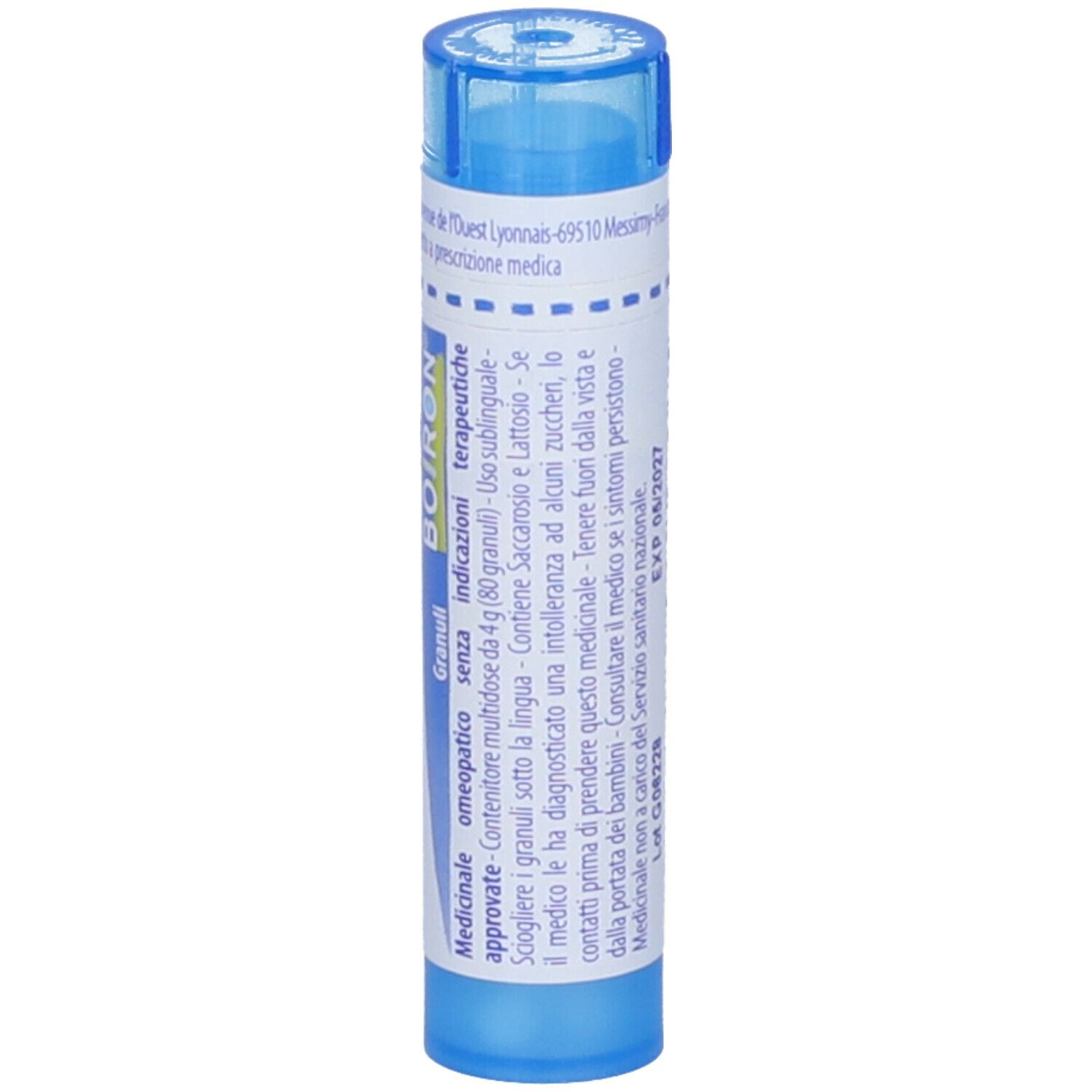 Confezione cilindrica blu. Scritta: Sabadilla officinarum, 9 ch, BOIRON. Informazioni sul prodotto.
