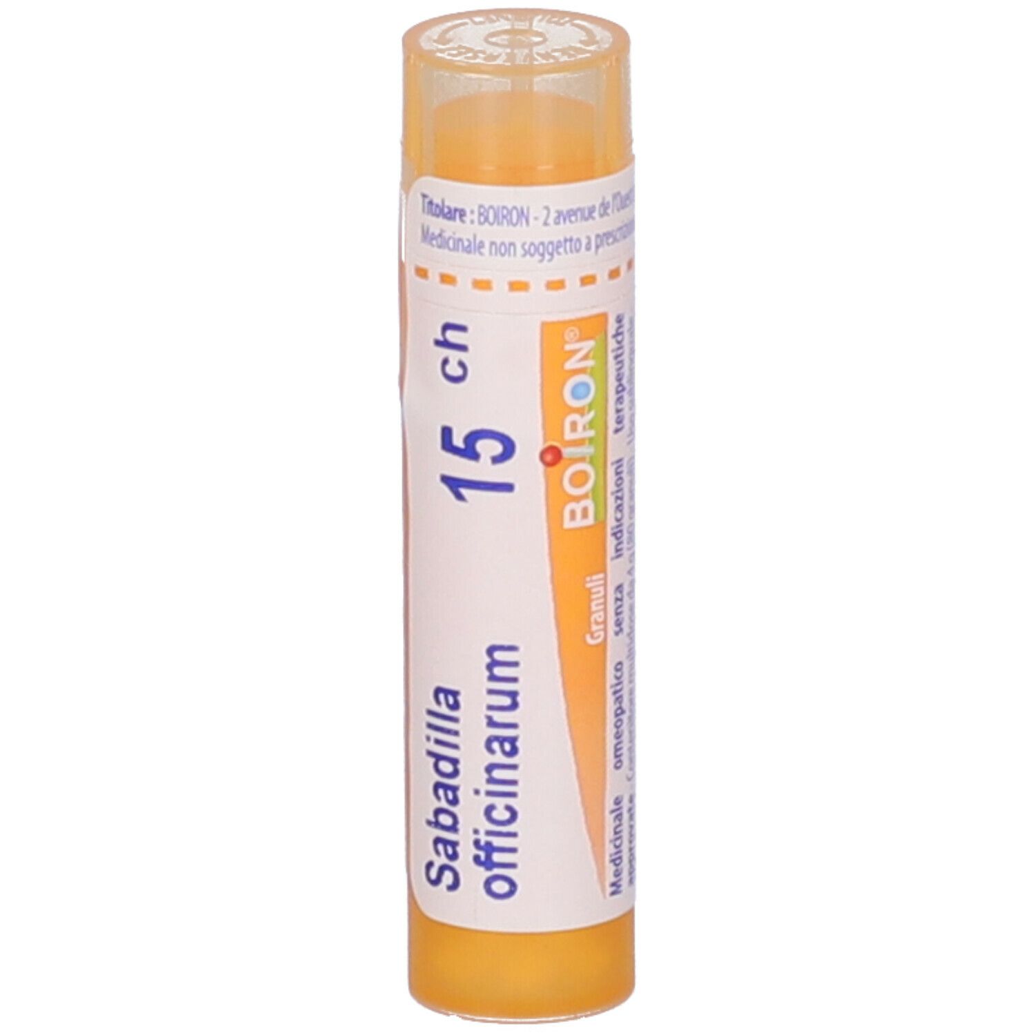 Confezione cilindrica gialla con testo bianco. Scritta: Sabadilla officinarum, 15 ch, BOIRON.