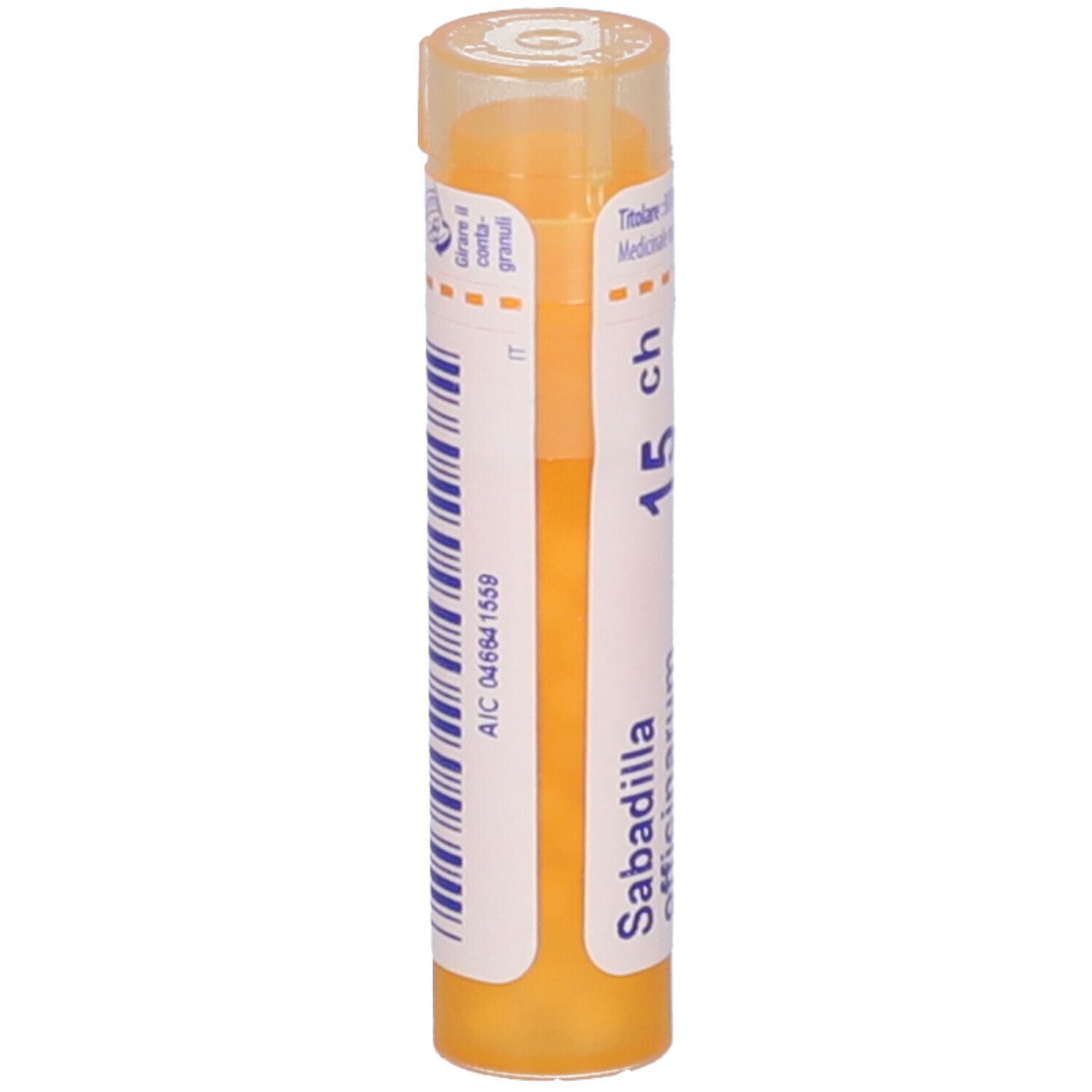 Confezione cilindrica gialla con testo bianco. Scritta: Sabadilla, 15 ch. Adesivo con codice a barre e IT.