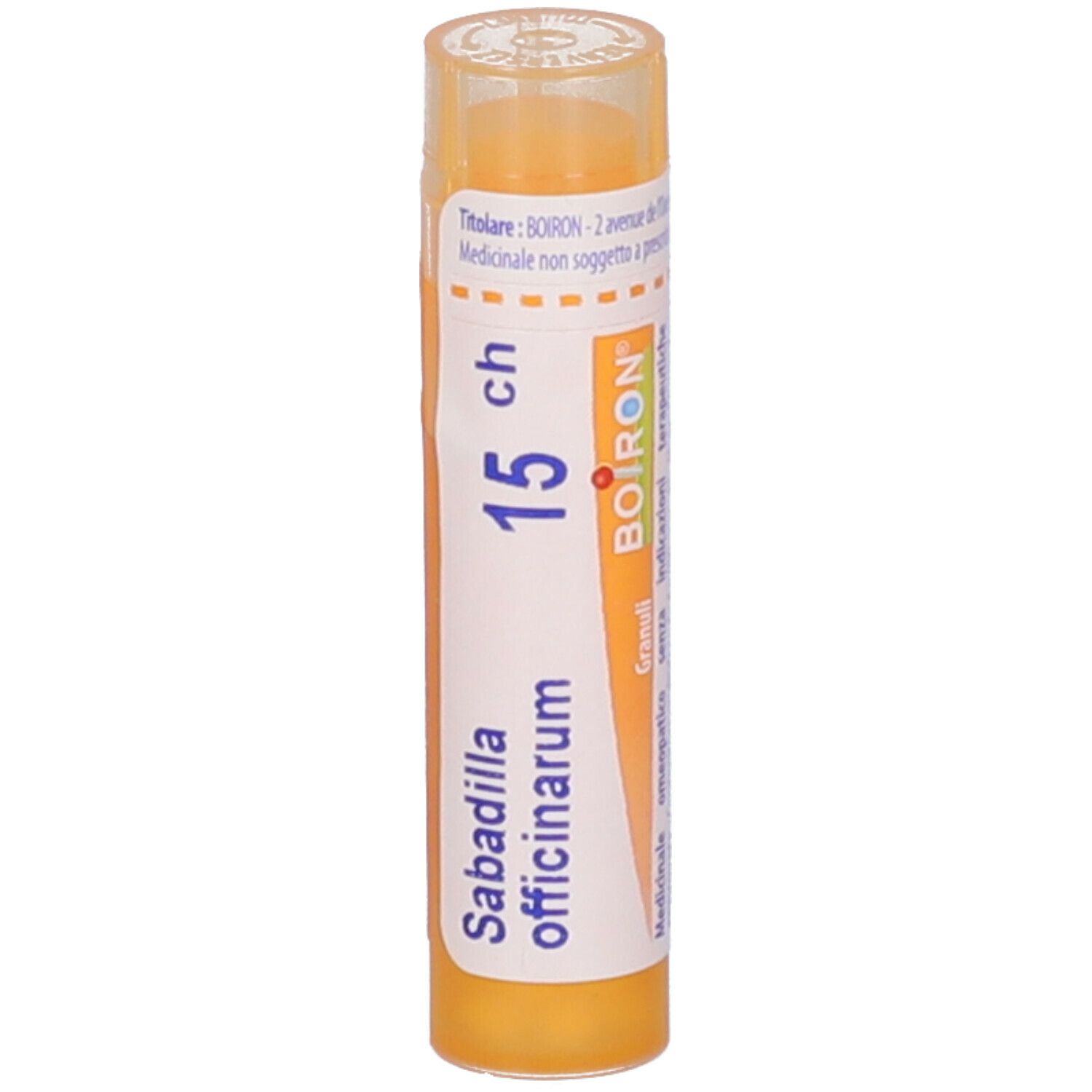 Confezione cilindrica gialla con testo bianco. Scritta: Sabadilla officinarum, 15 ch, BOIRON.