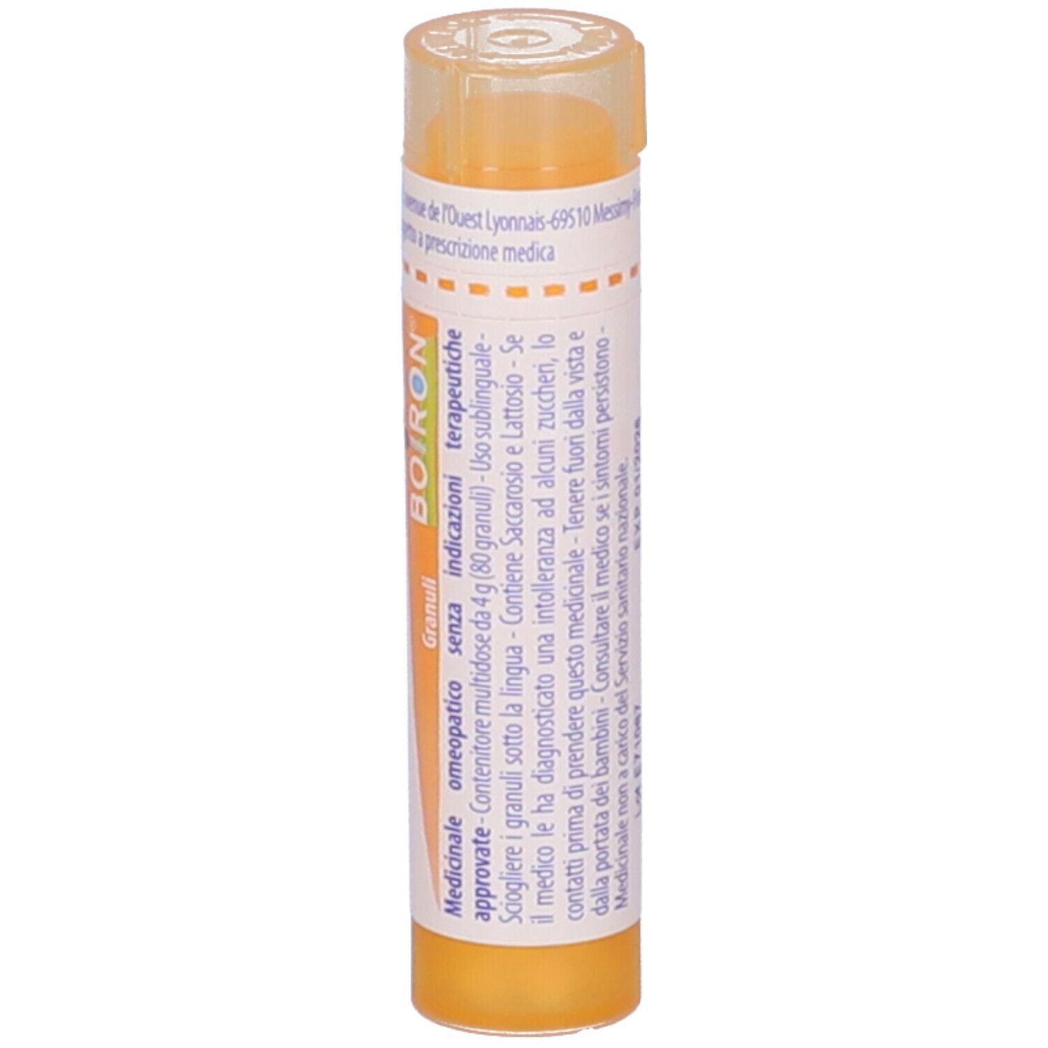 Confezione cilindrica gialla con testo bianco. Scritta: BOIRON, Granuli, Indicazioni, senza zucchero.