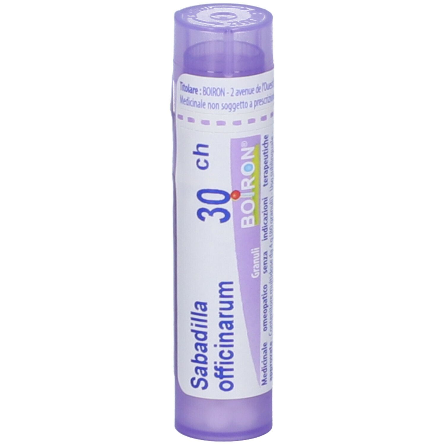 Tubetto lilla con etichetta bianca. Scritte: Sabadilla officinaru, 30 ch, BOIRON. Granuli. Vista verticale.
