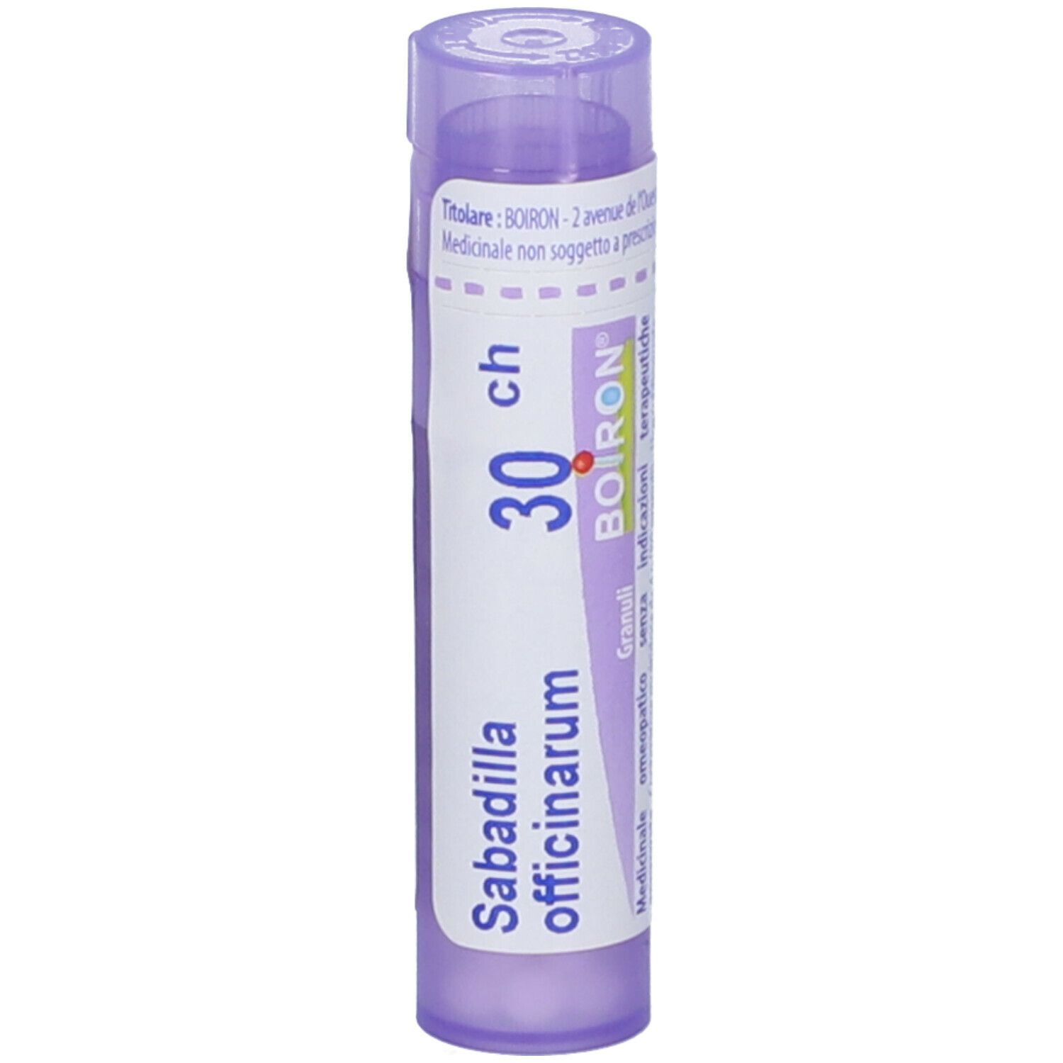 Tubetto lilla con etichetta bianca. Scritte: Sabadilla officinarum, 30 ch, BOIRON. Granuli. Vista verticale.