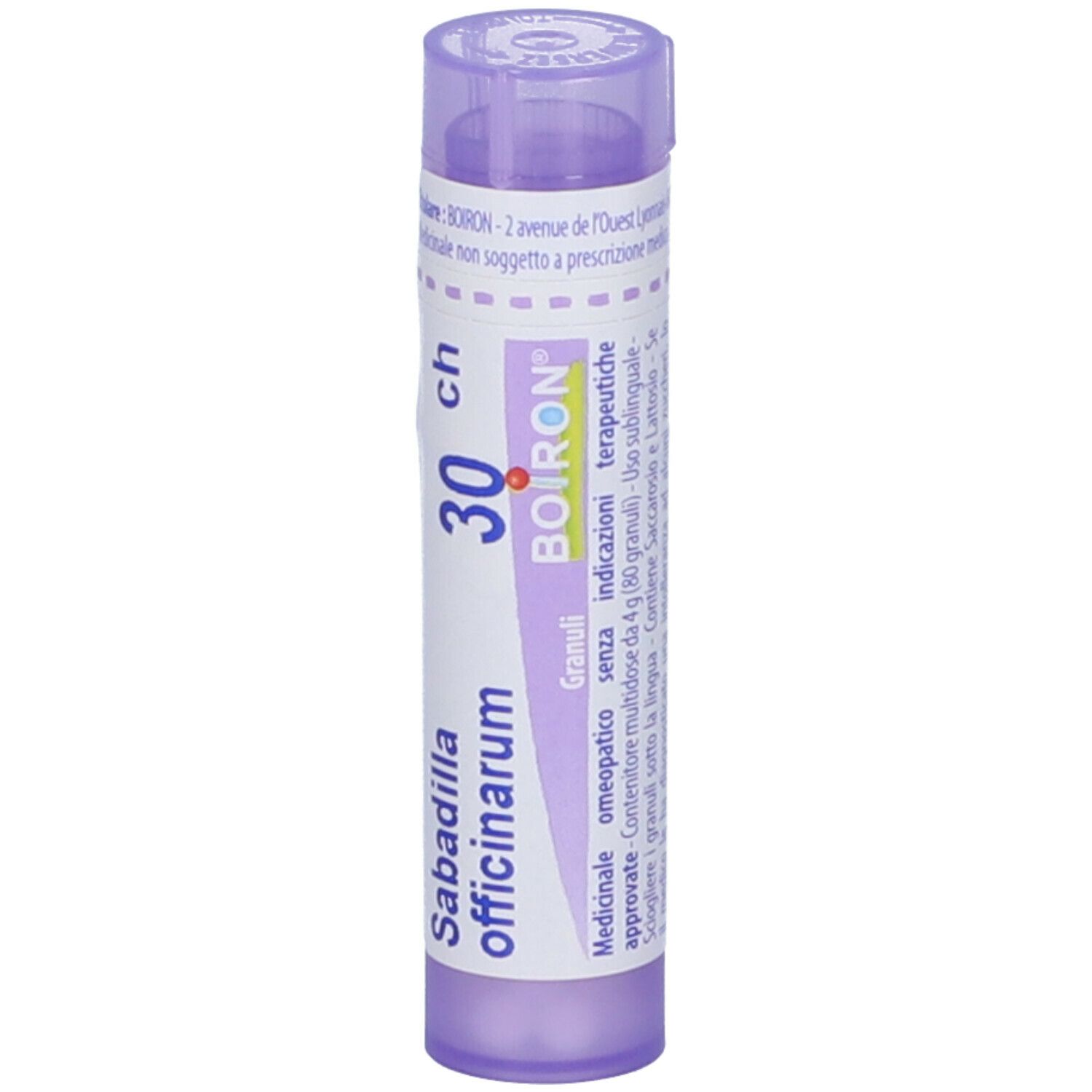 Tubetto lilla con etichetta bianca. Scritte: Sabadilla officinarum, 30 ch, BOIRON. Granuli. Vista verticale.