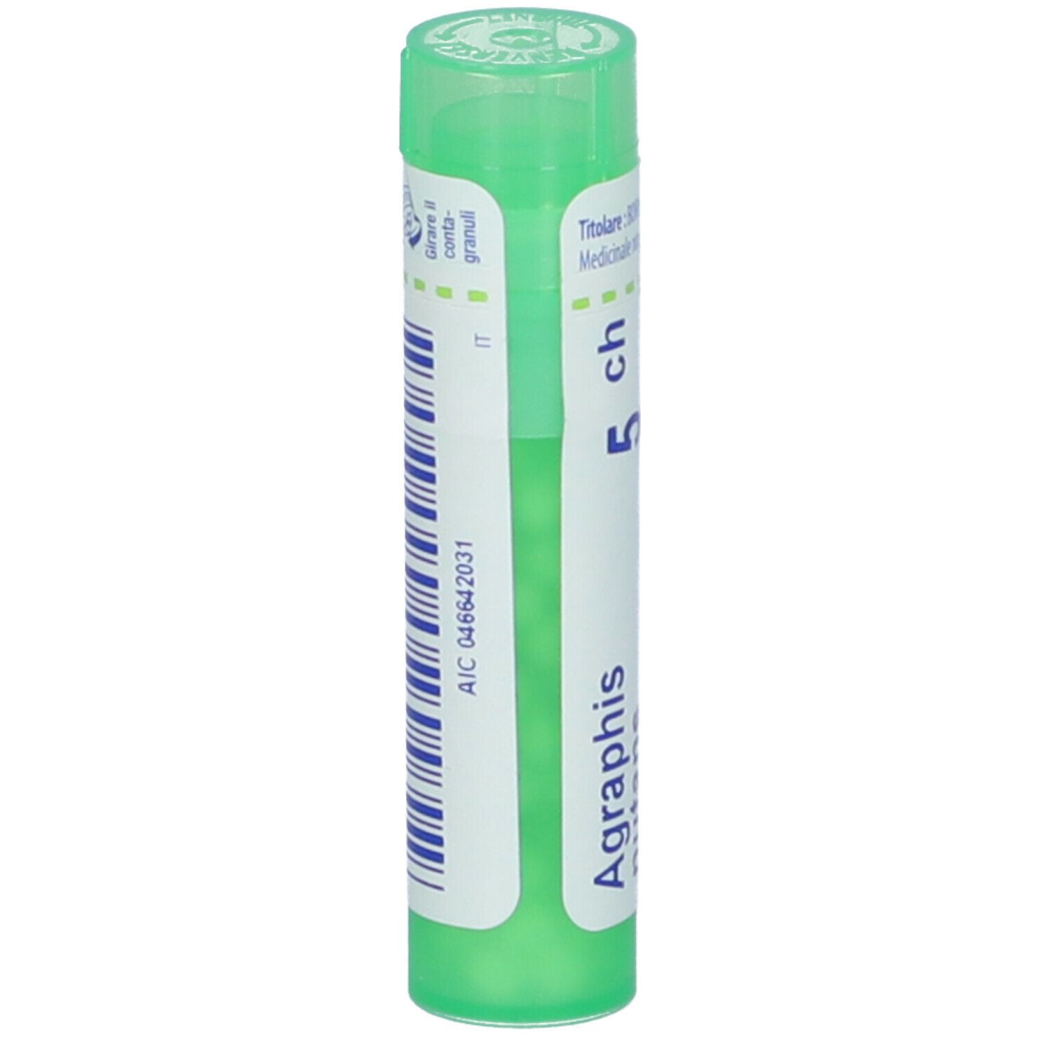 Confezione cilindrica verde con etichetta bianca e codice a barre. Scritta: Agraphis, 5 ch. AIC 046642031.