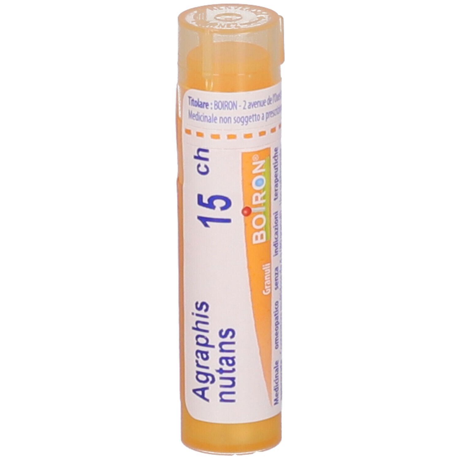 Confezione cilindrica arancione con "Agraphis nutans 15 ch" e logo Boiron. Coperchio in alto.