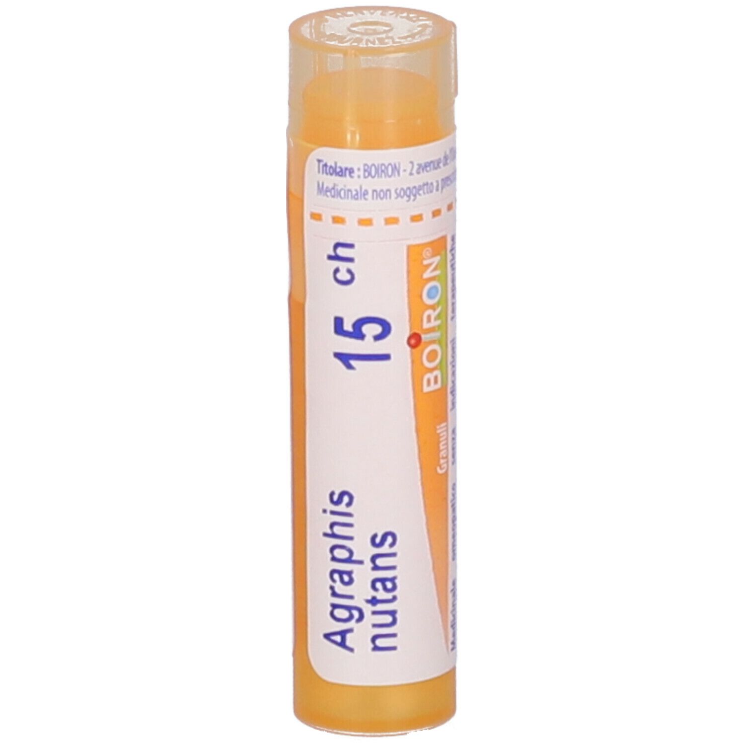 Confezione cilindrica arancione con "Agraphis nutans 15 ch" e logo Boiron.