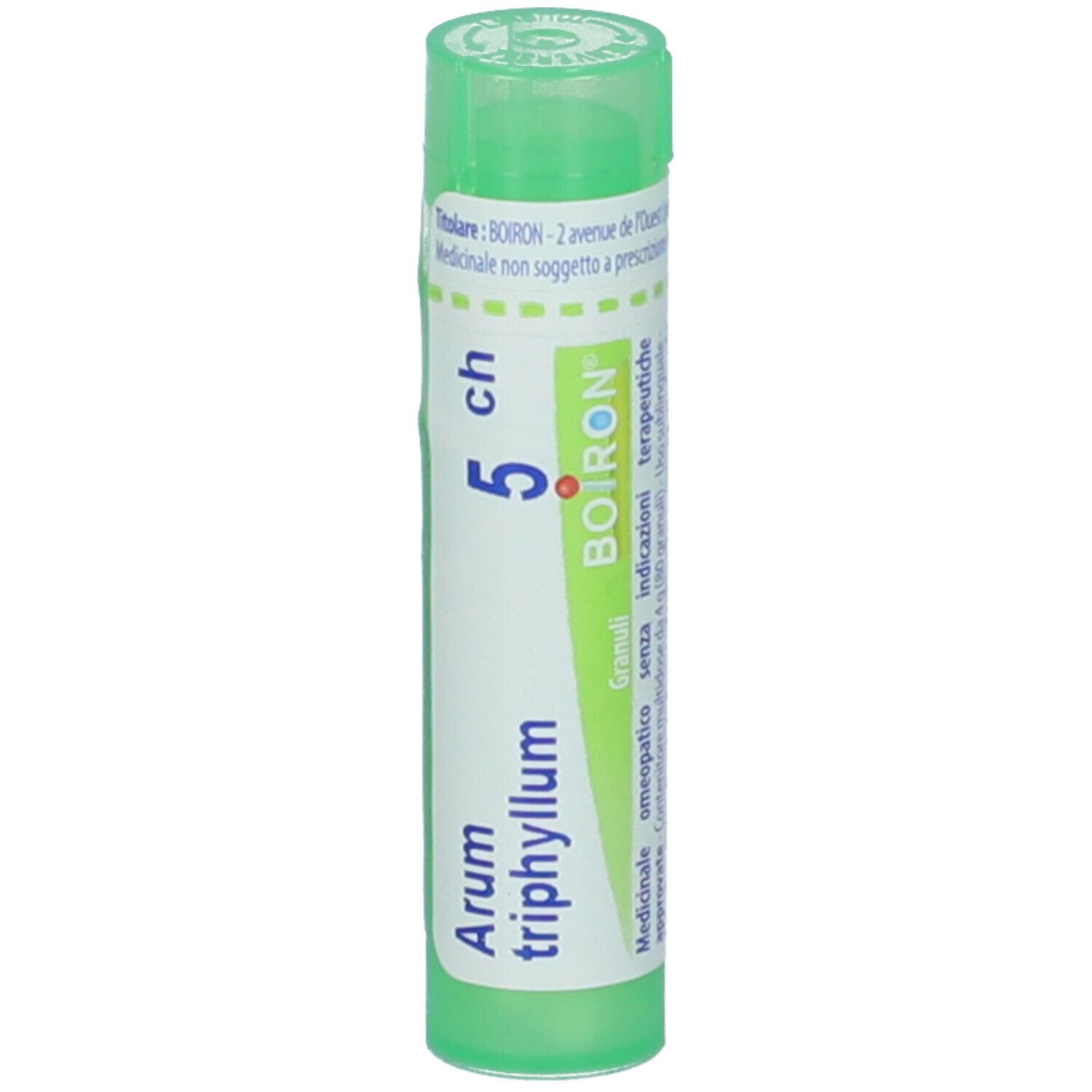 Tubo cilindrico verde con scritte bianche. Scritta: Arum triphyllum 5 ch, BOIRON, Granuli.