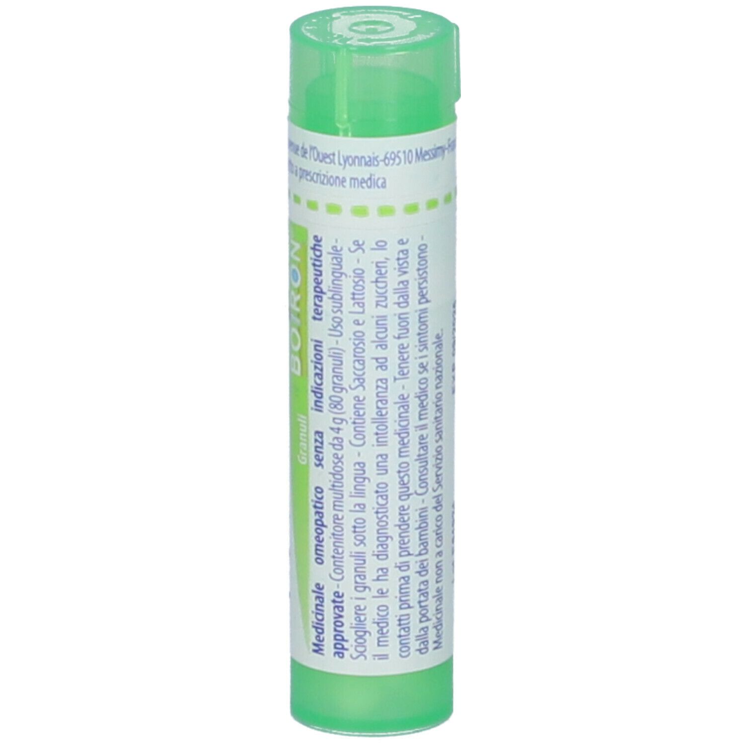 Tubo cilindrico verde con scritta bianca. Scritta: BOIRON, Granuli, testo.