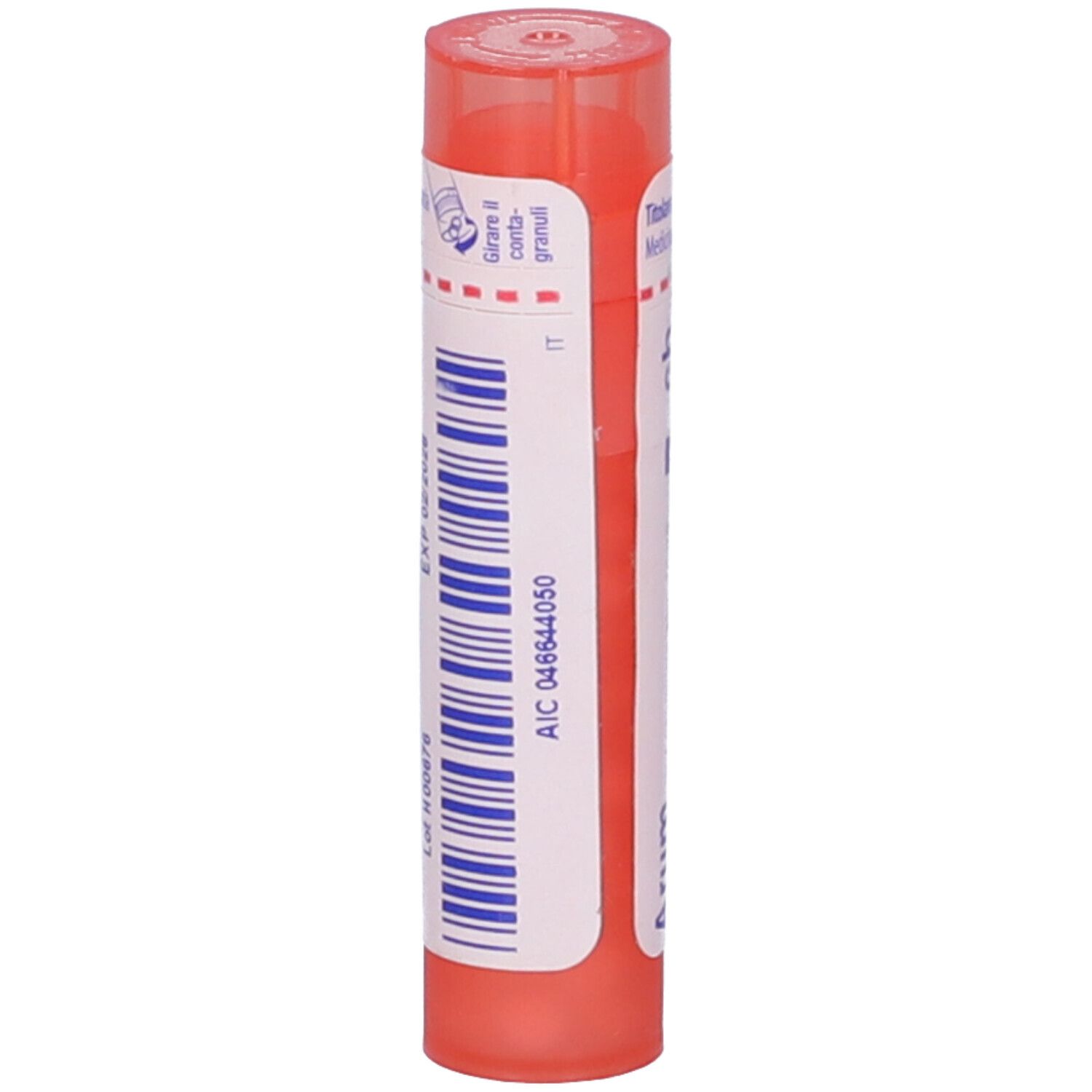 Flacone cilindrico rosa. Scritta: AIC 046644050, IT.