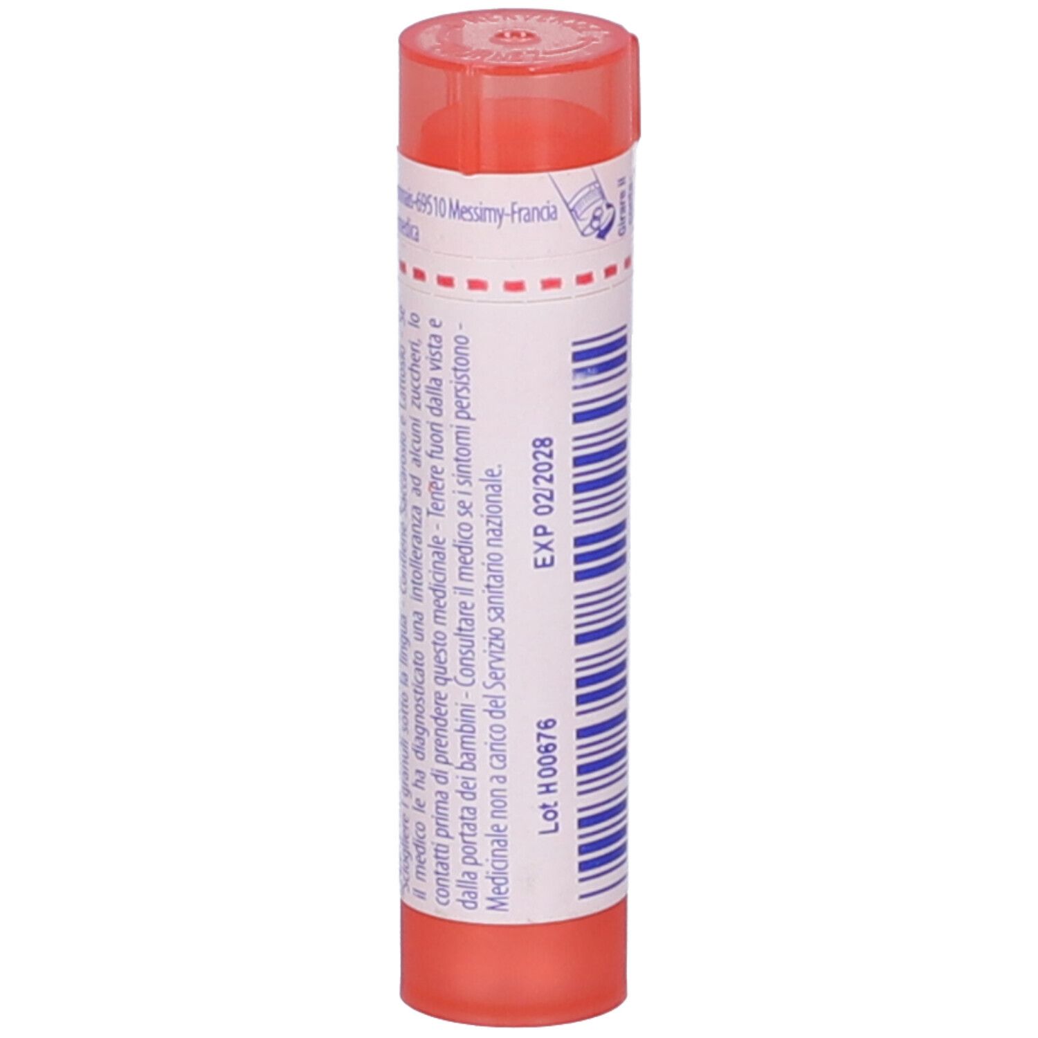 Flacone cilindrico rosa. Scritta: EXP 02/2028, Lot H00676.