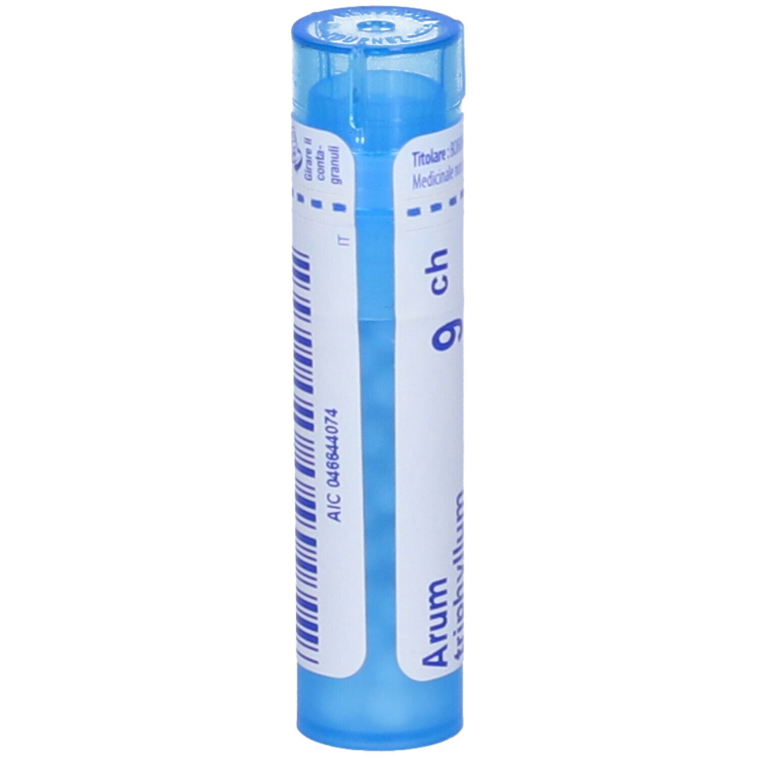Tubo blu con testo bianco. Nome del prodotto, '9 ch' e codice a barre visibili.