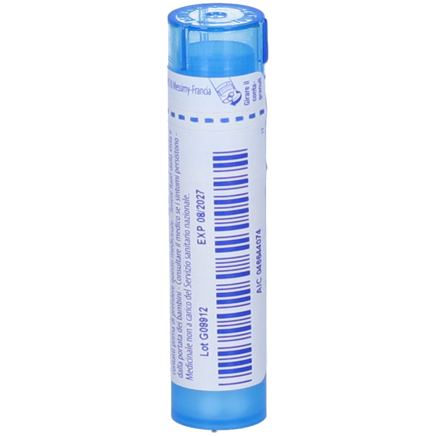 Tubo blu con testo bianco. Nome del prodotto, '9 ch', data di scadenza e numero di lotto.