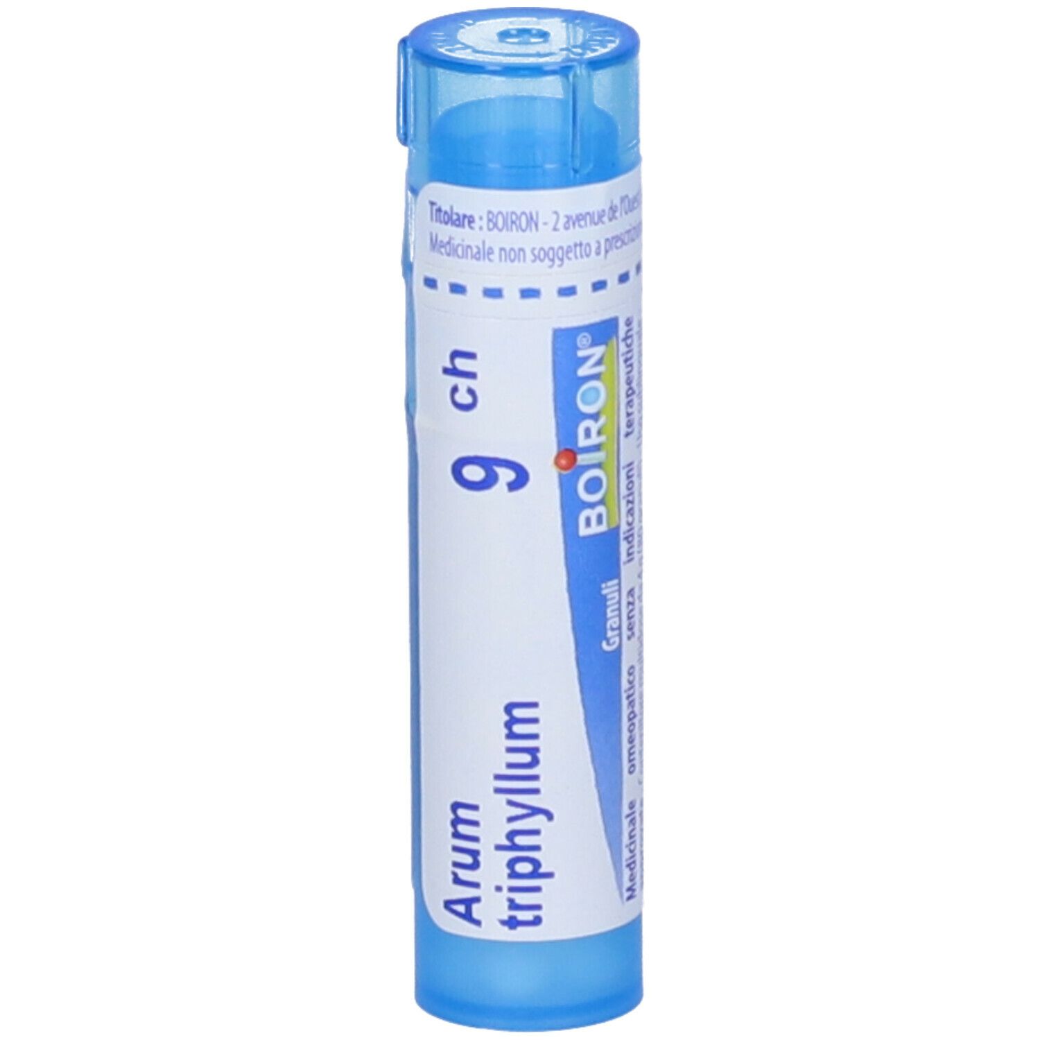 Tubo blu con testo bianco. Nome del prodotto, '9 ch' e marchio BOIRON.