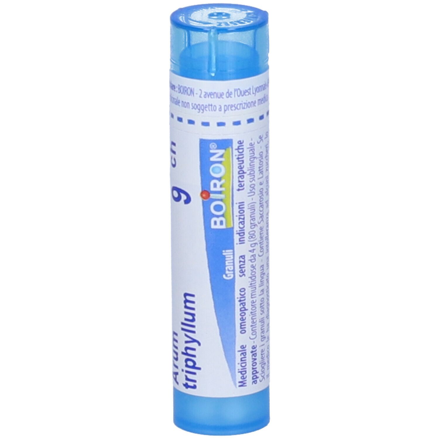 Tubo blu con testo bianco. Nome del prodotto, '9 ch' e marchio BOIRON. Informazioni aggiuntive.