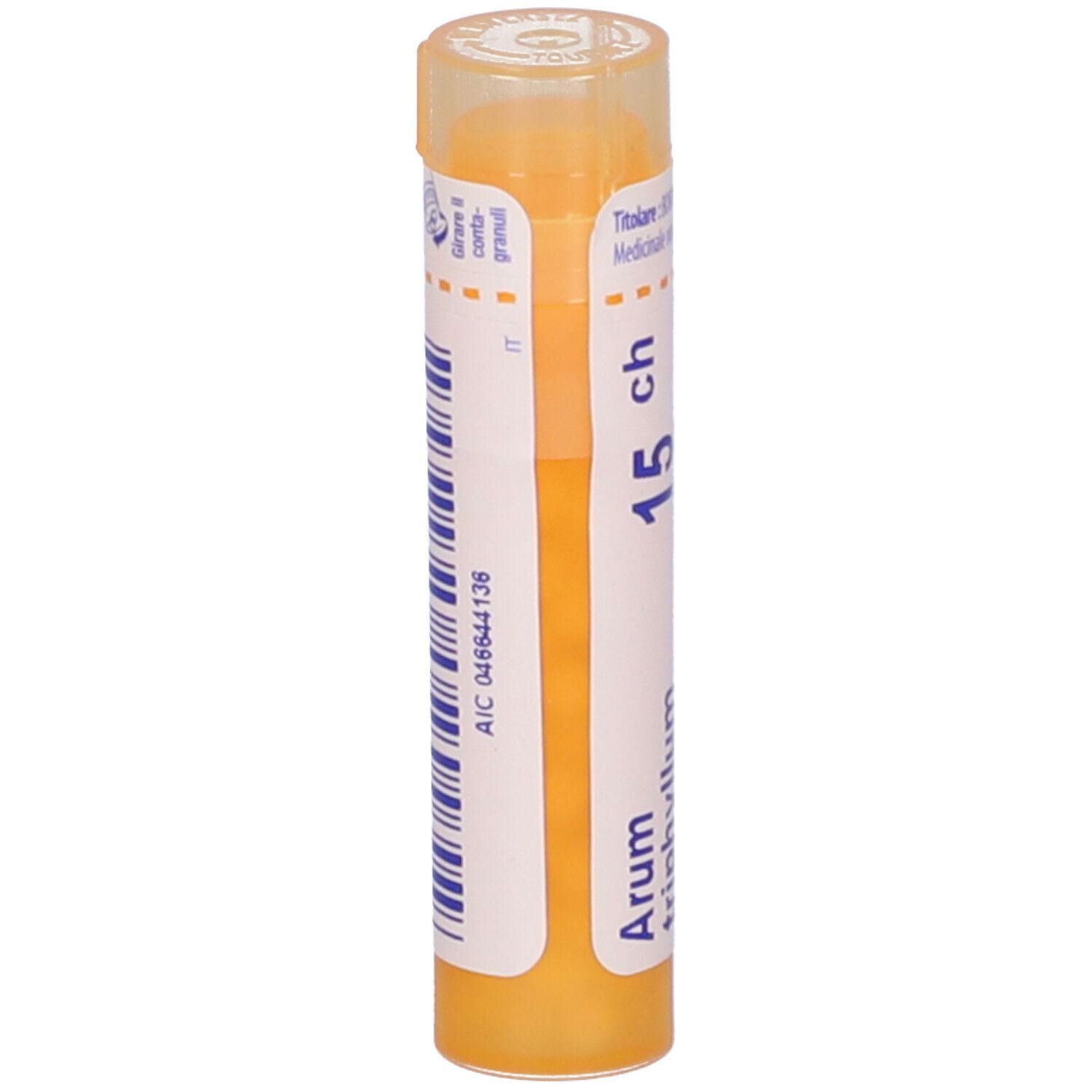 Tubo giallo con scritta Arum triphyllum 15 ch, con codice a barre e codice AIC.
