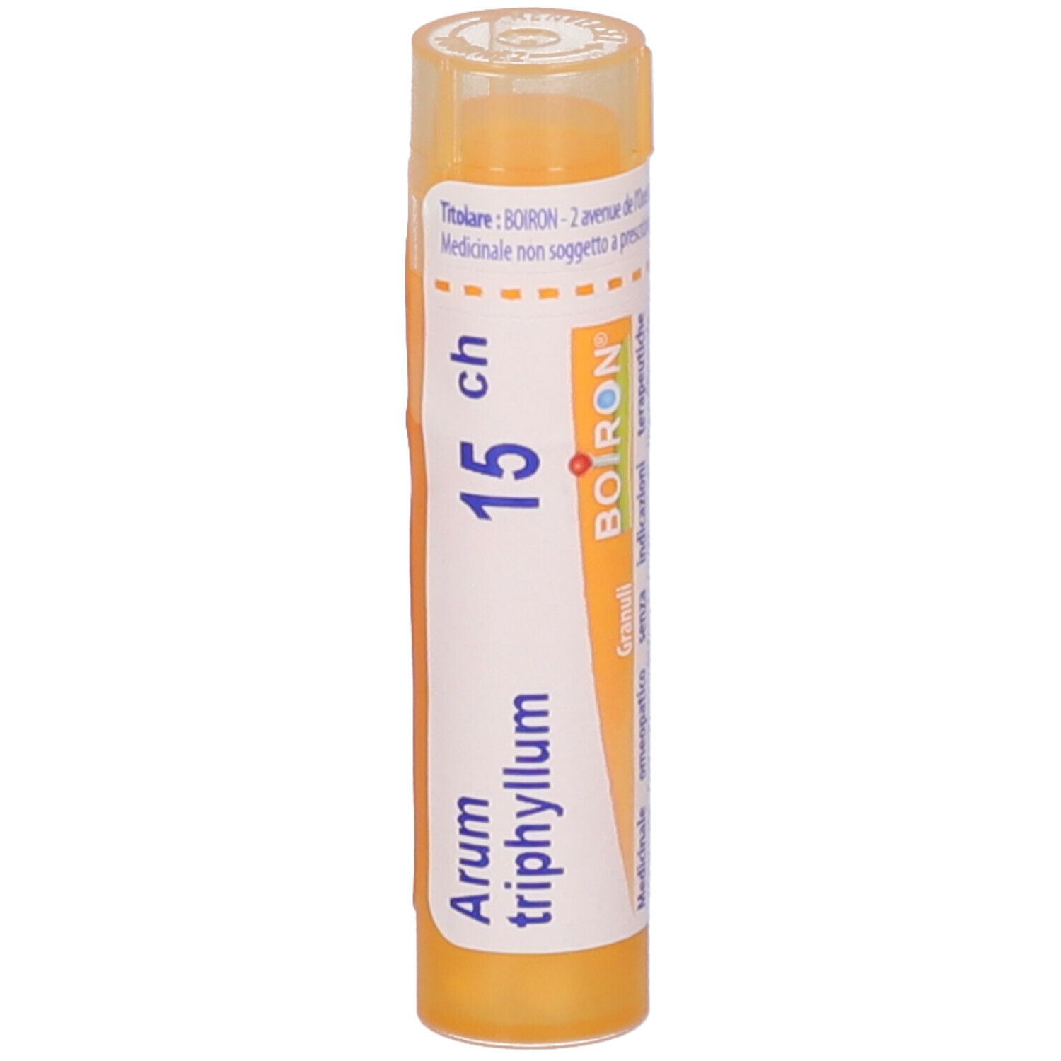 Tubo giallo con scritta Arum triphyllum 15 ch, marchio Boiron, Granuli.