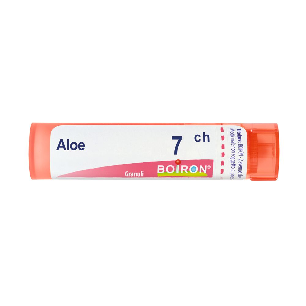 Tubo cilindrico arancione con etichetta bianca. Scritta: Aloe, 7 ch, BOIRON, Granuli.
