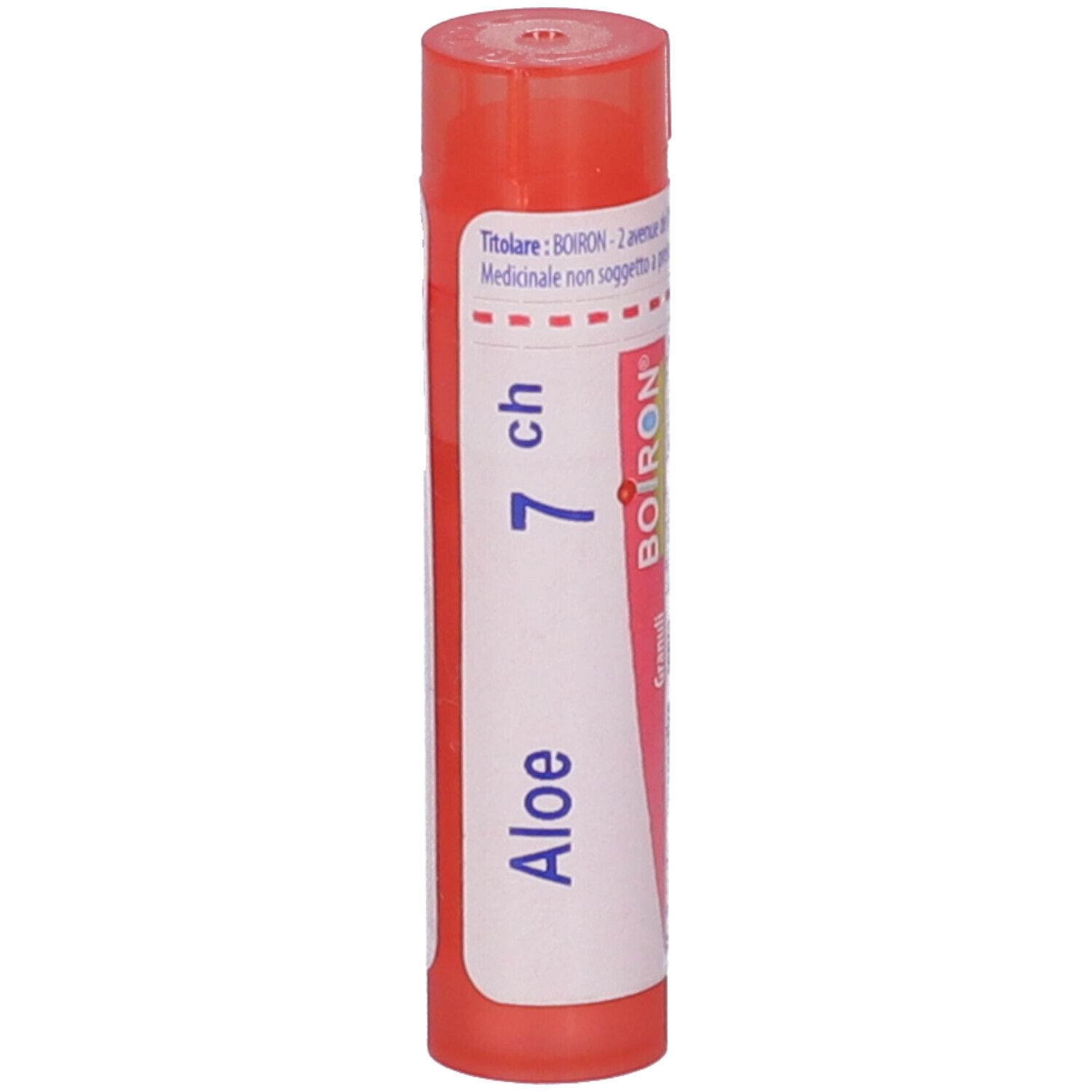 Tubo cilindrico arancione. Scritta: Aloe, 7 ch, BOIRON. Etichetta con informazioni prodotto.