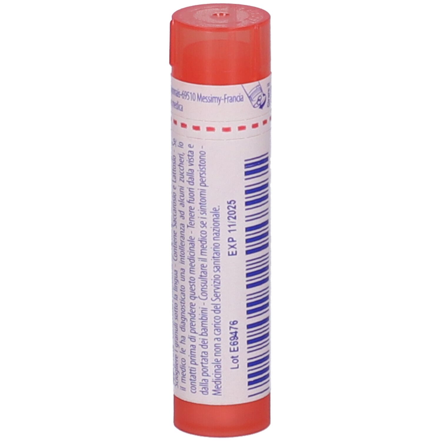 Tubo arancione con etichetta bianca. Scritta: EXP 11/2025, Lot E69476. Informazioni prodotto.