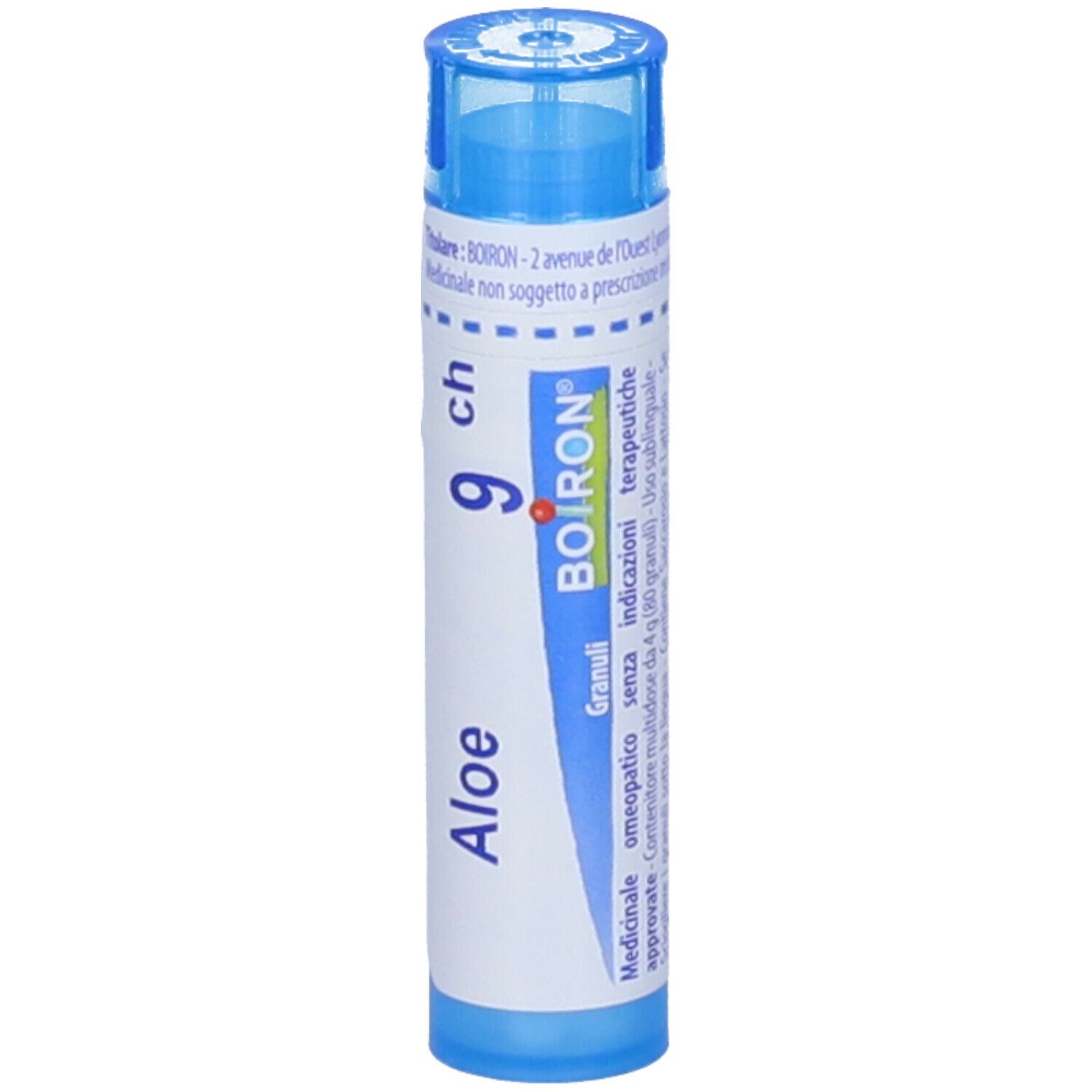 Tubo blu con etichetta bianca. Scritta: Aloe 9 ch, Boiron. Granuli. Tappo blu.