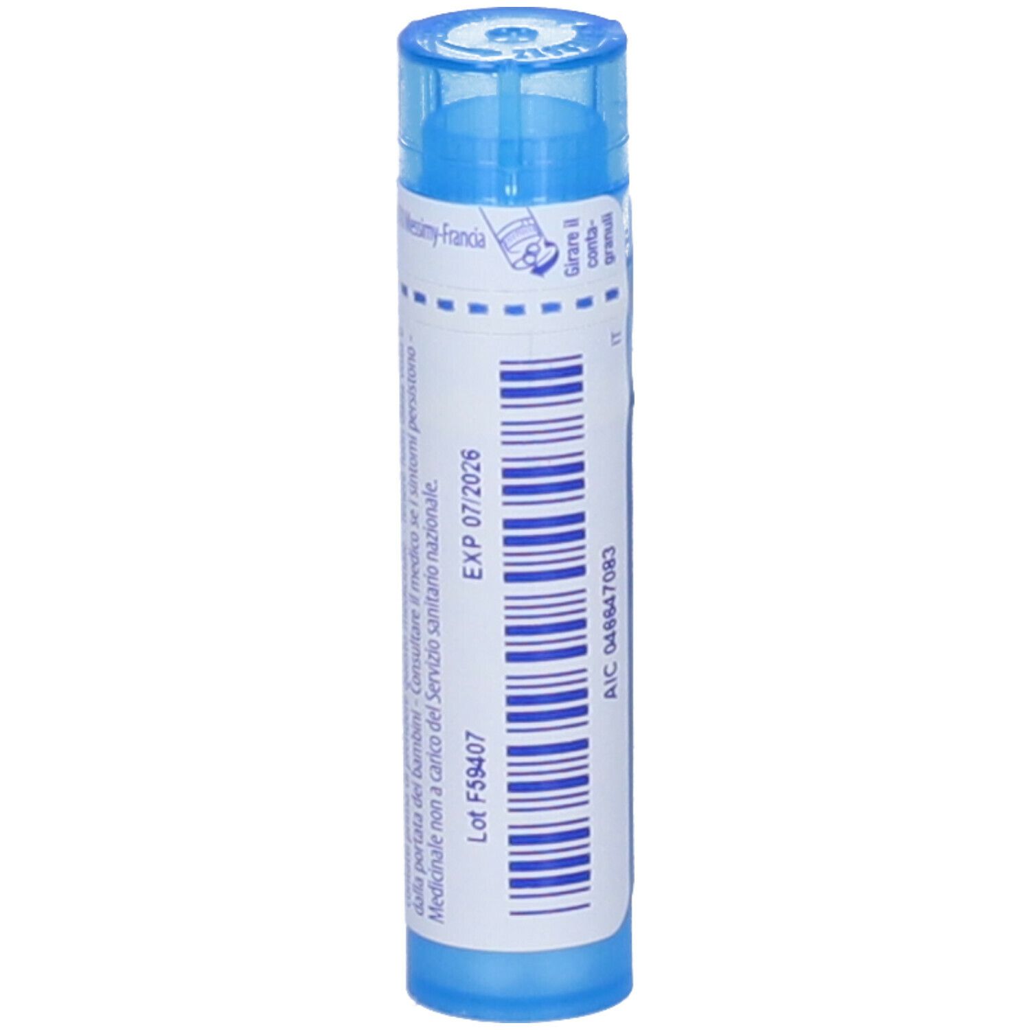 Tubo blu con etichetta bianca. Scritta: Aloe 9 ch. Scadenza e numero di lotto.
