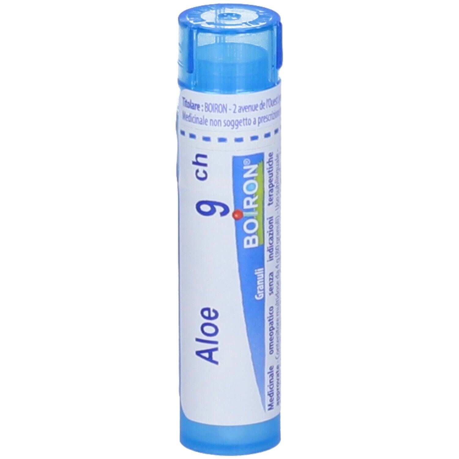 Tubo blu con etichetta bianca. Scritta: Aloe 9 ch, Boiron. Granuli.