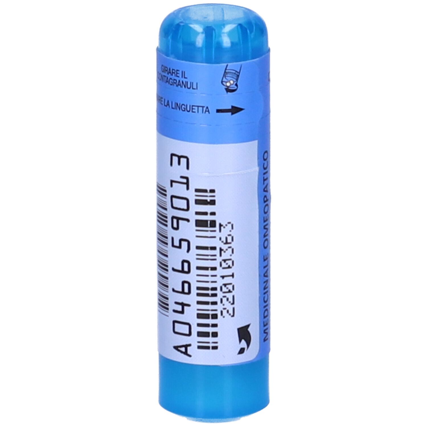 Flacone cilindrico blu e bianco. Codice a barre e numero A046659013. Istruzioni per l'apertura.