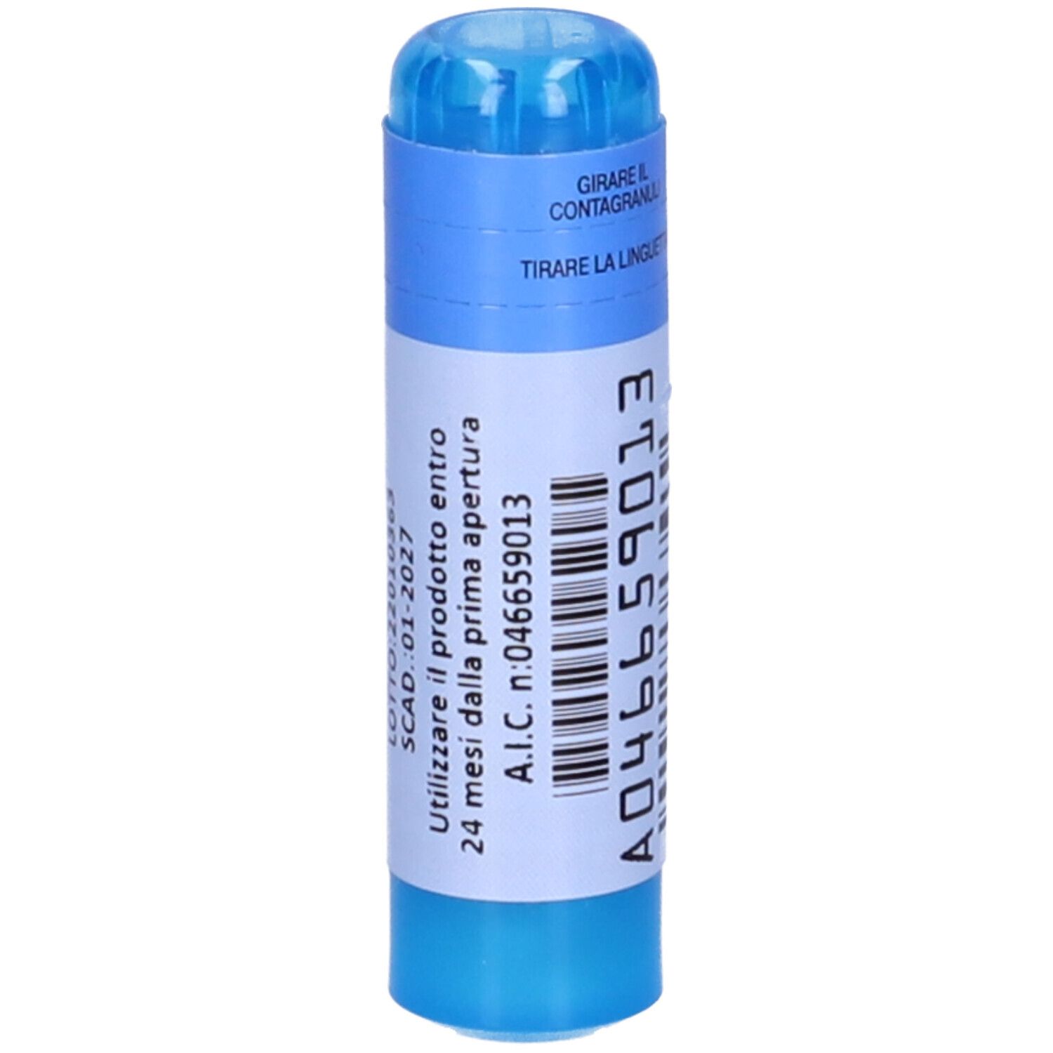 Flacone cilindrico blu e bianco. Codice a barre e numero A046659013. Istruzioni per l'apertura.