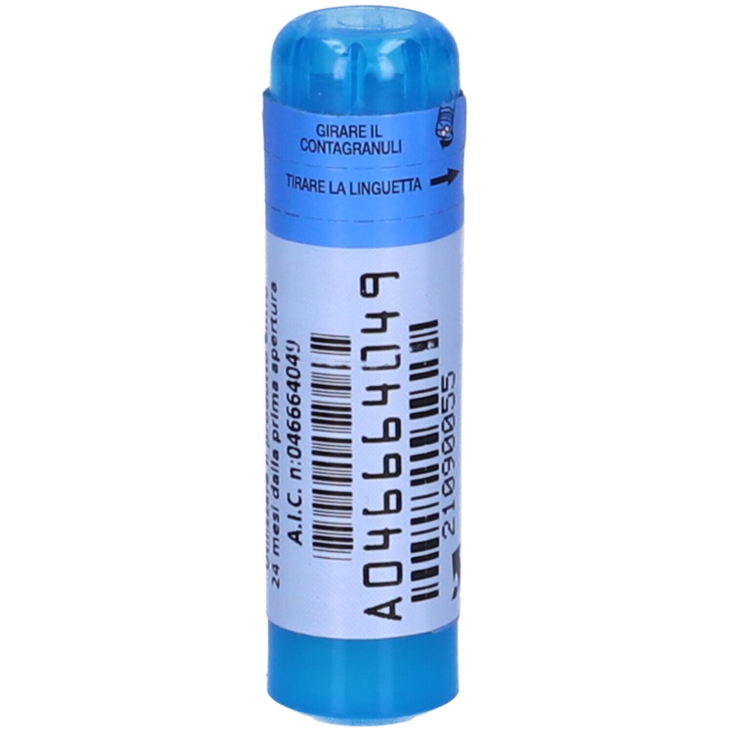 Contenitore cilindrico blu con etichetta bianca. Scritte: A046664049, codice a barre, istruzioni per l'uso.