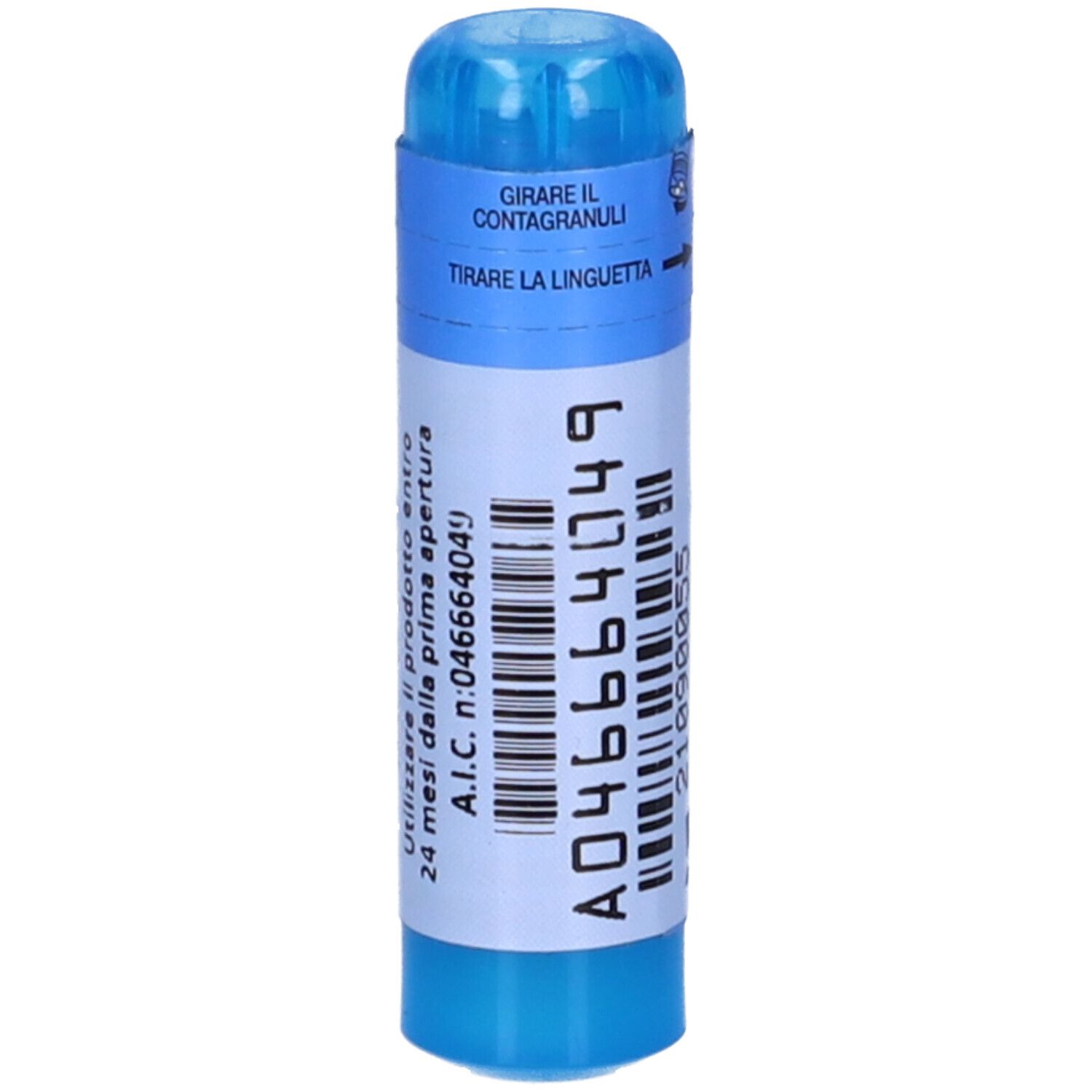 Contenitore cilindrico blu con etichetta bianca. Scritte: A046664049, codice a barre, istruzioni per l'uso.