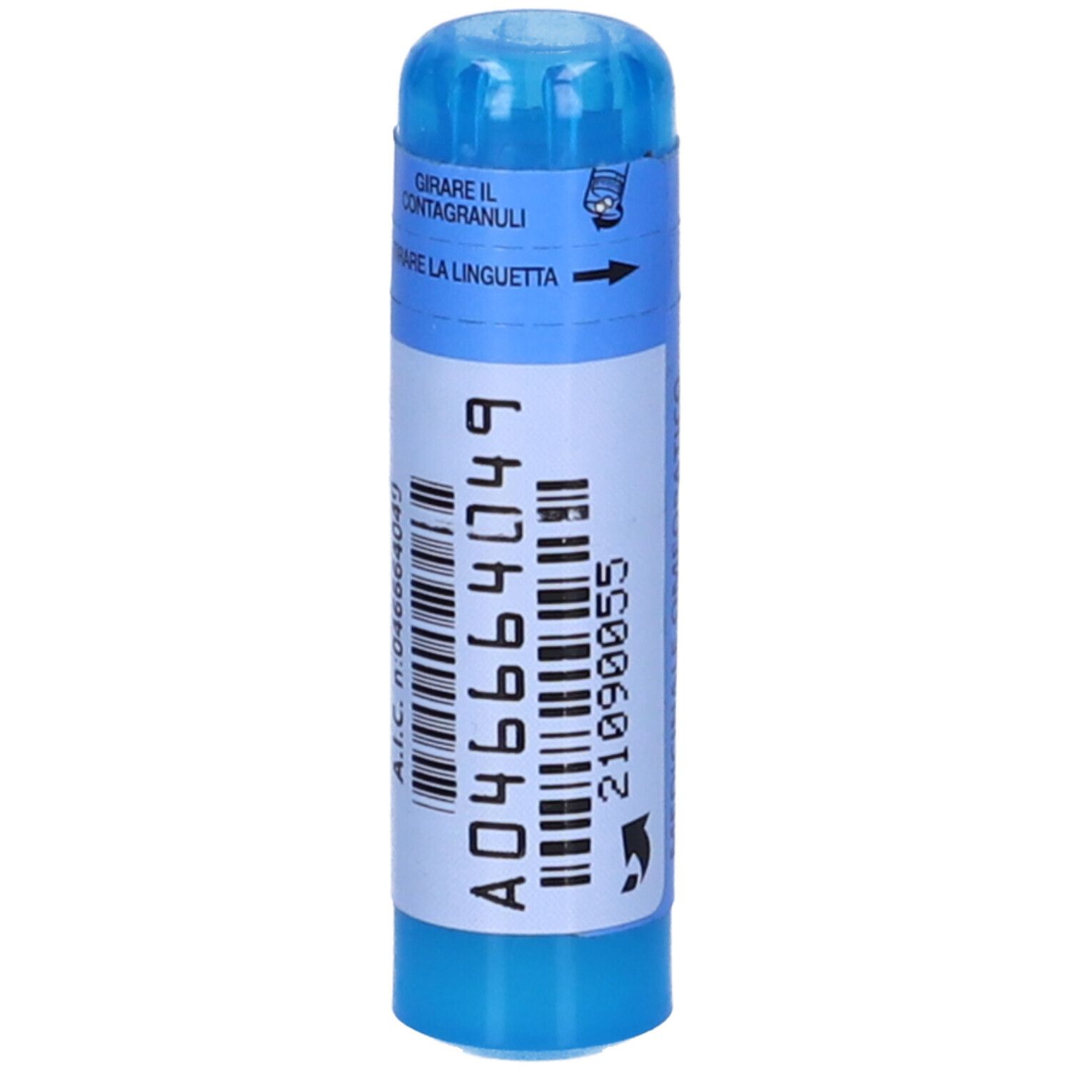 Contenitore cilindrico blu con etichetta bianca. Scritte: A046664049, codice a barre, istruzioni per l'uso.