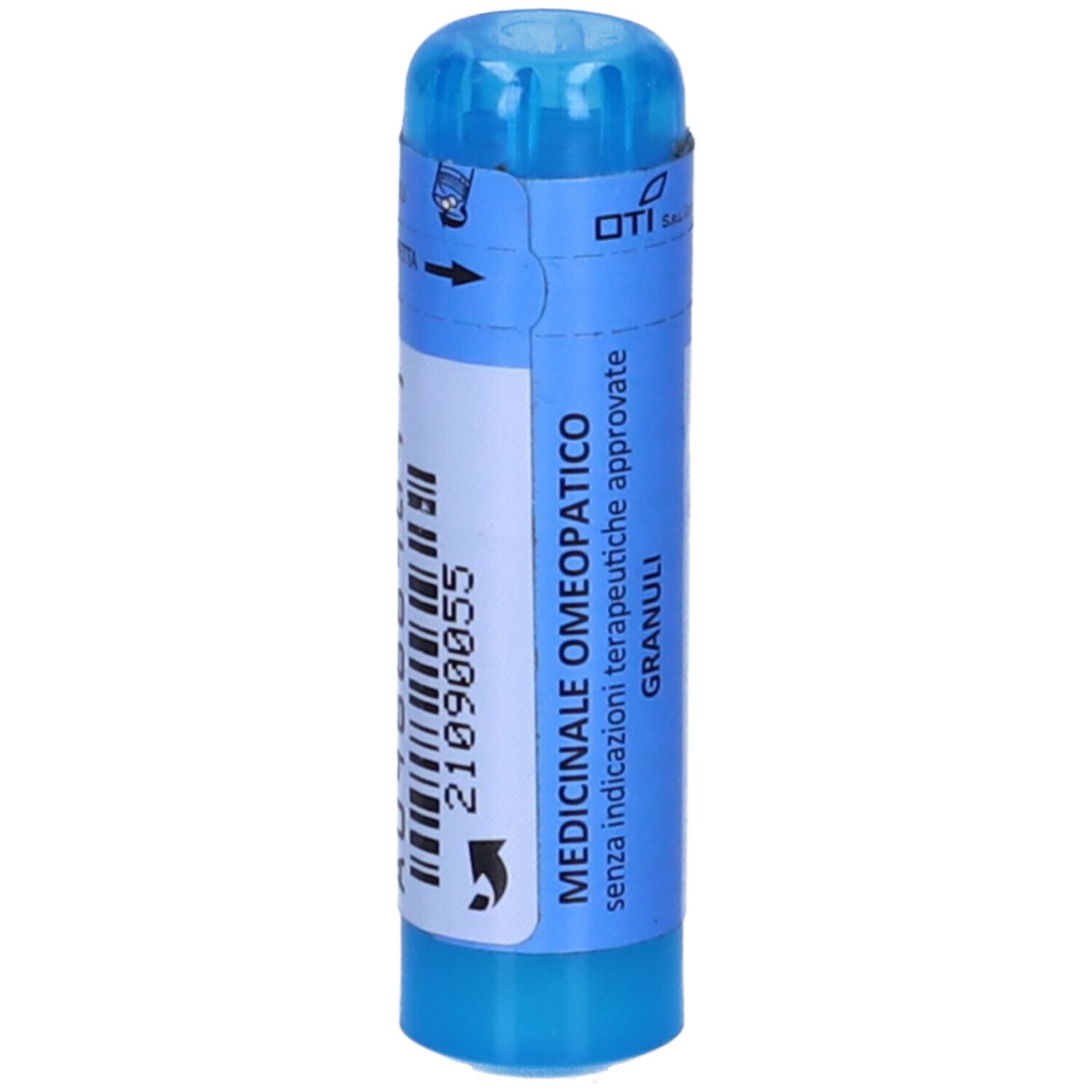 Contenitore cilindrico blu con etichetta bianca. Scritte: MEDICINALE OMEOPATICO, Granuli, OTI, 21090055.