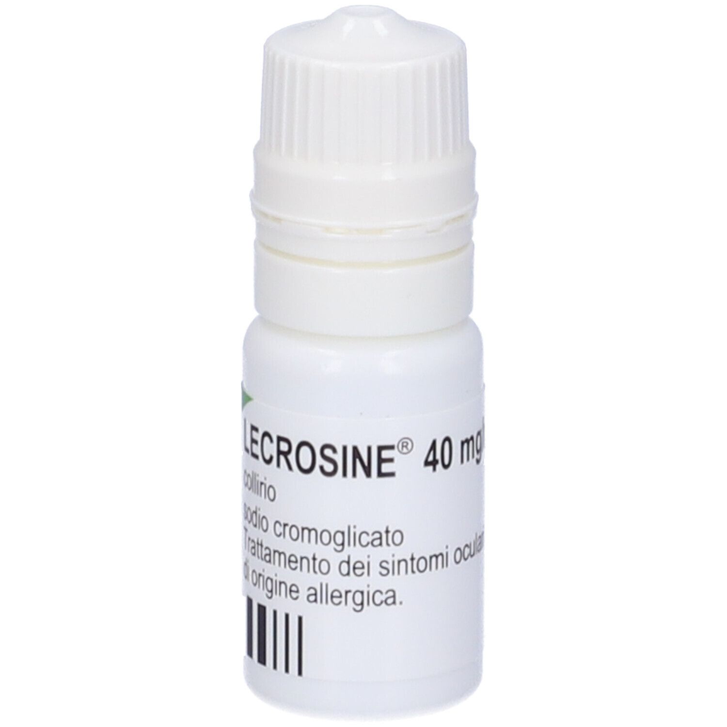 Flacone bianco di collirio con tappo a vite. Scritta: LECROSINE 40 mg/ml, collirio, trattamento dei sintomi allergici.