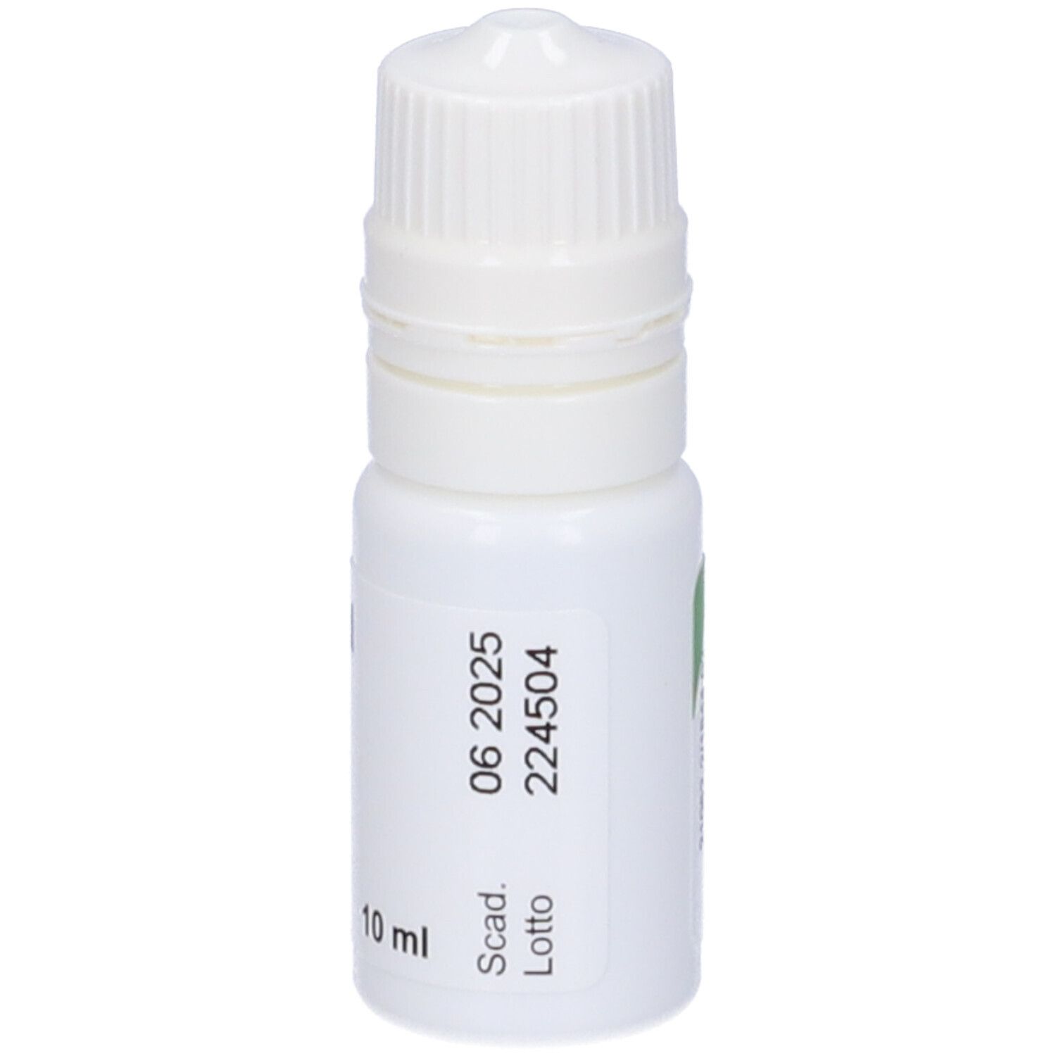 Flacone bianco di collirio con tappo a vite. Scritta: 06 2025, Lotto 224504, 10 ml.