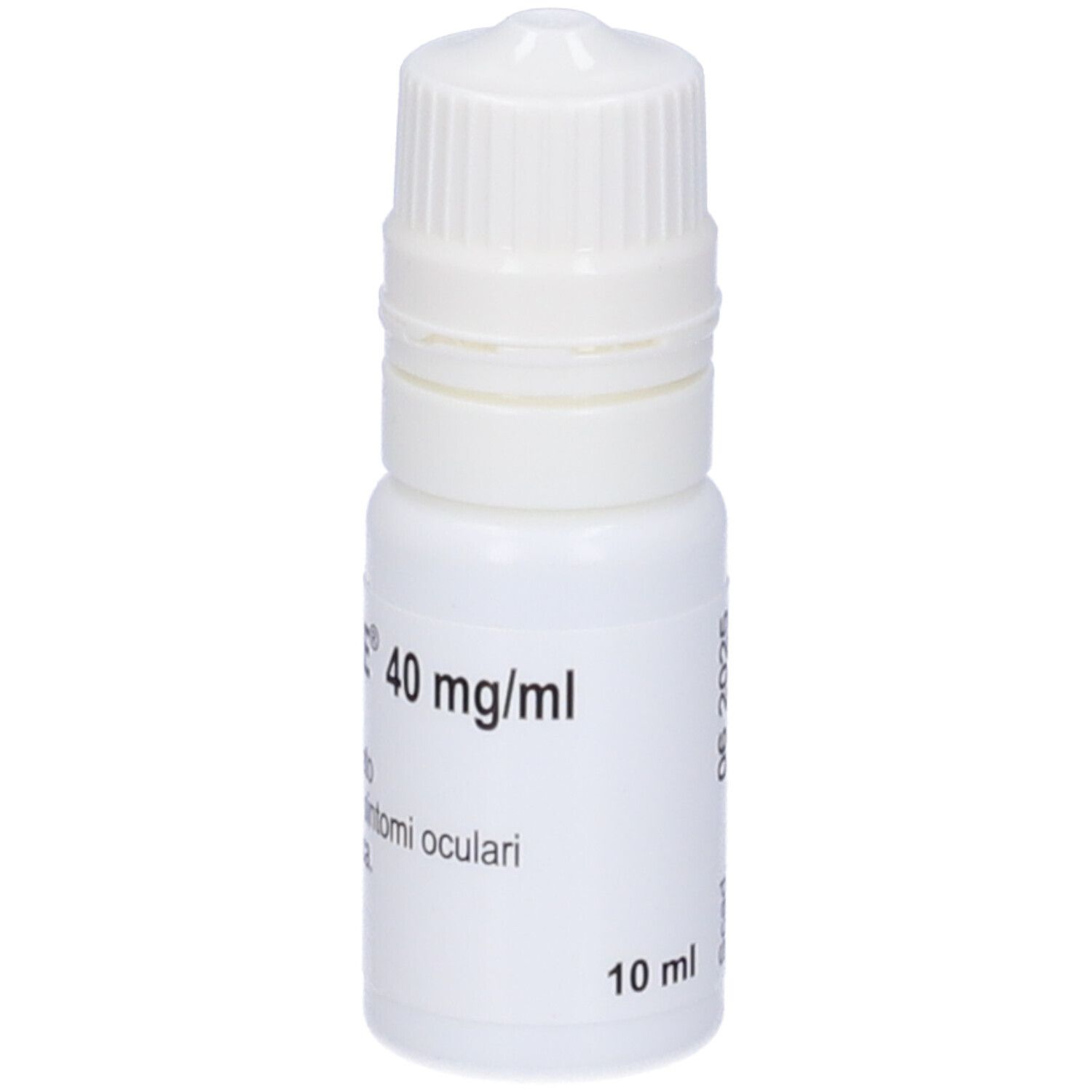 Flacone bianco di collirio con tappo a vite. Scritta: LECROSINE 40 mg/ml, 10 ml.