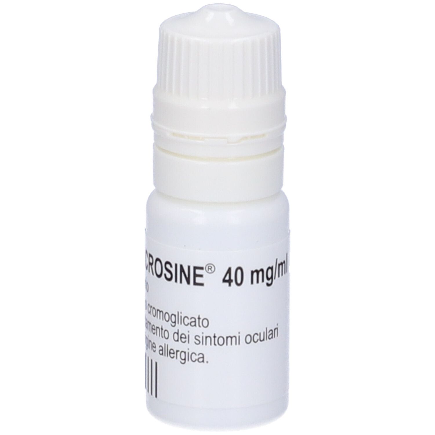 Flacone bianco di collirio con tappo a vite. Scritta: LECROSINE 40 mg/ml, trattamento dei sintomi allergici.