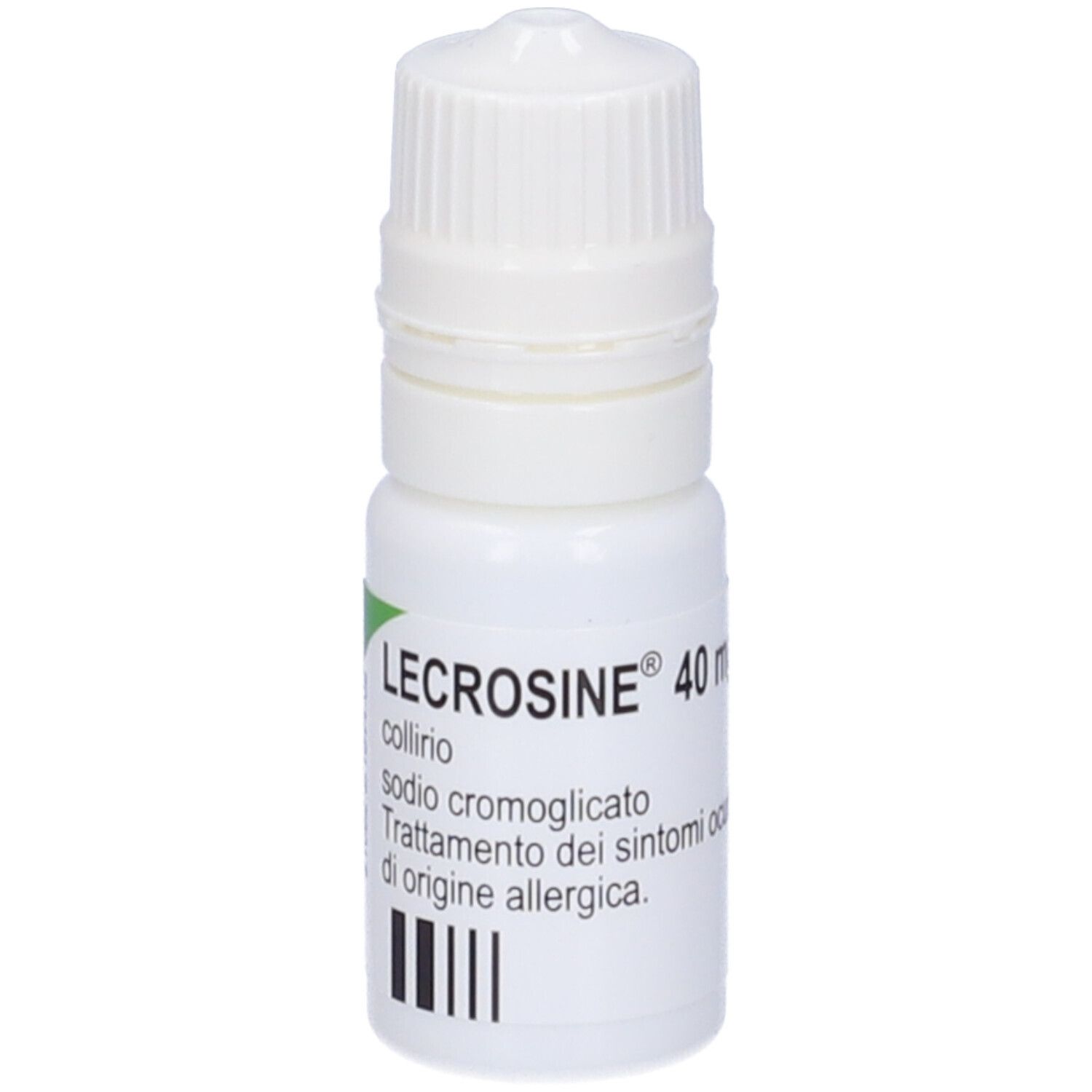 Flacone bianco di collirio con tappo a vite. Scritta: LECROSINE 40 mg/ml, collirio, trattamento dei sintomi allergici.