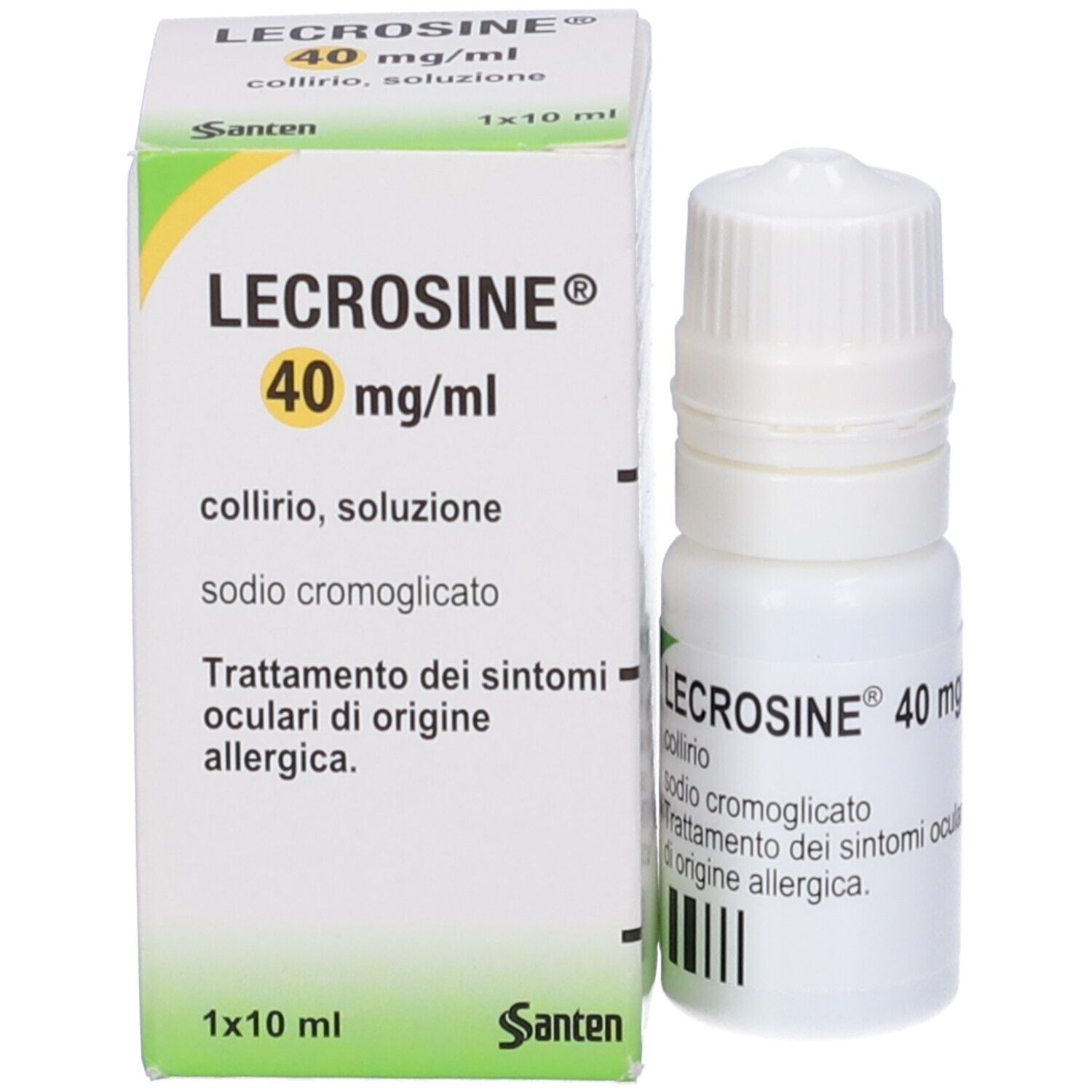 Scatola e flacone. Scatola: LECROSINE 40 mg/ml, collirio, soluzione, 1x10 ml. Flacone: LECROSINE 40 mg/ml.