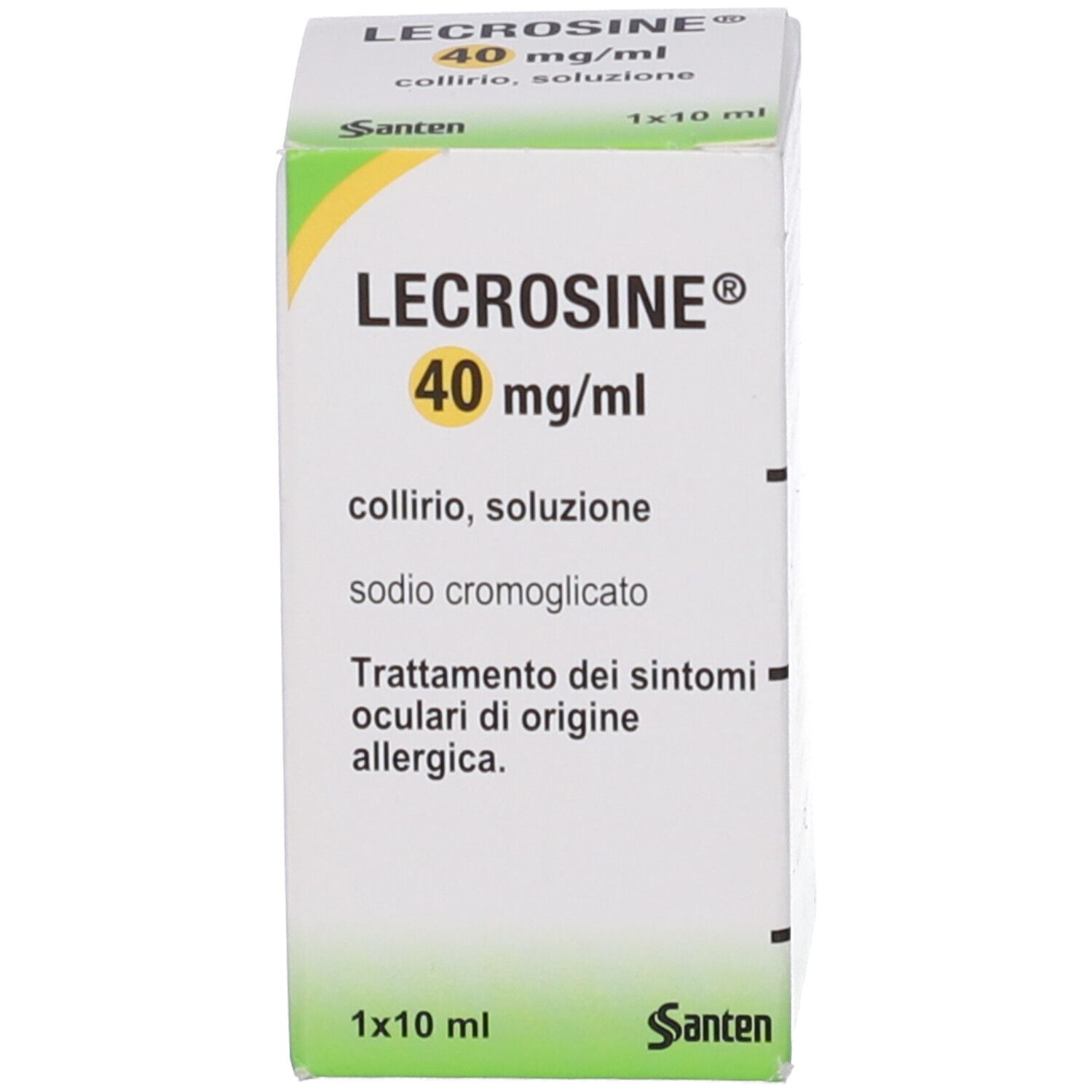 Scatola bianca. Scritta: LECROSINE 40 mg/ml, collirio, soluzione, 1x10 ml.