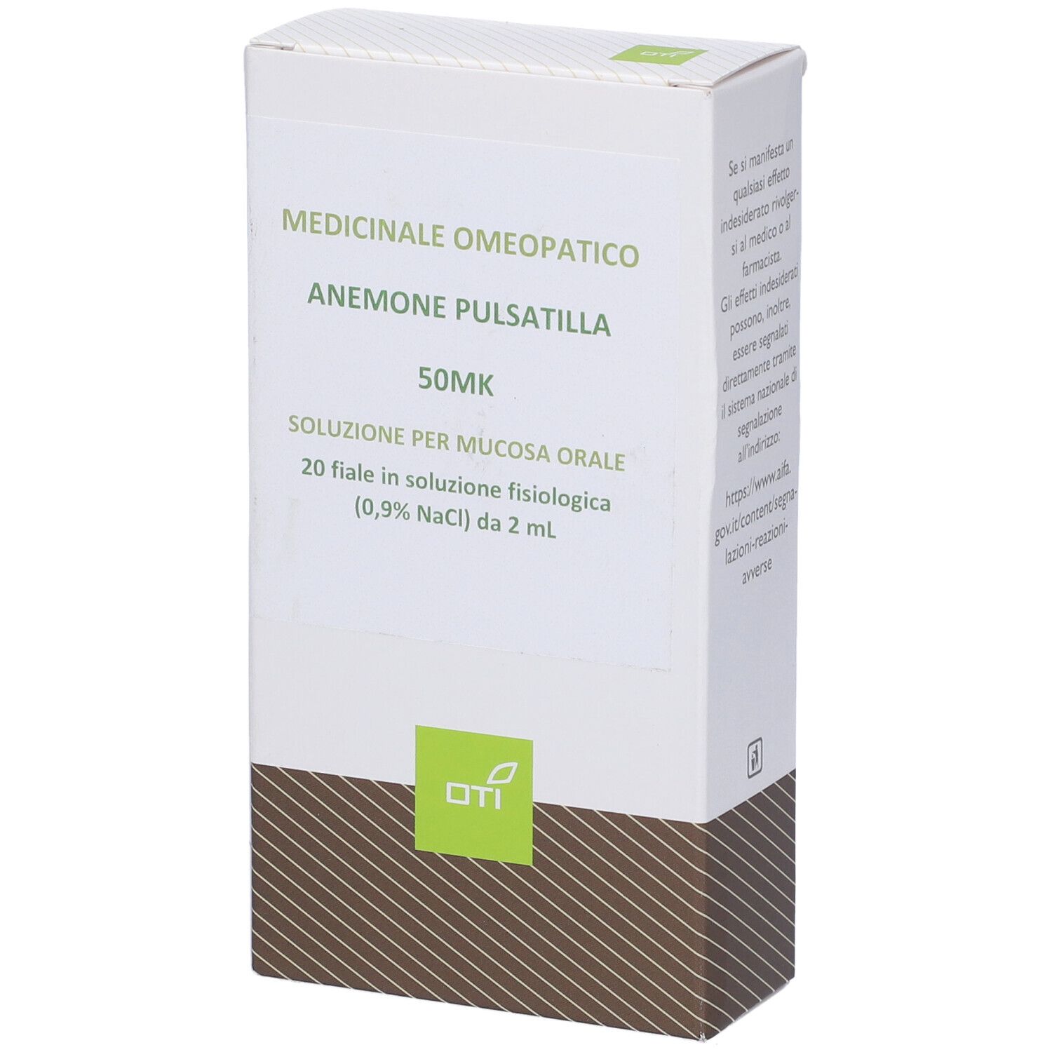 Scatola bianca con testo verde: Anemone Pulsatilla 50MK, soluzione per mucosa orale. Logo OTI.