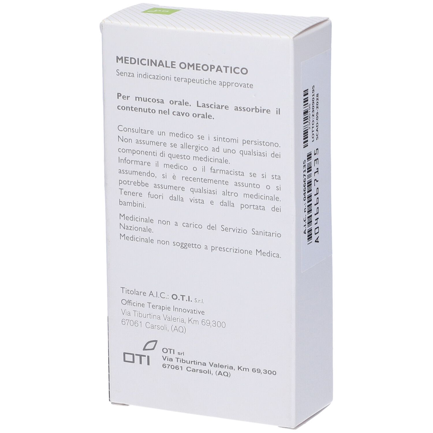 Scatola bianca con testo: Anemone Pulsatilla 50MK. Informazioni sull'uso. Logo OTI.