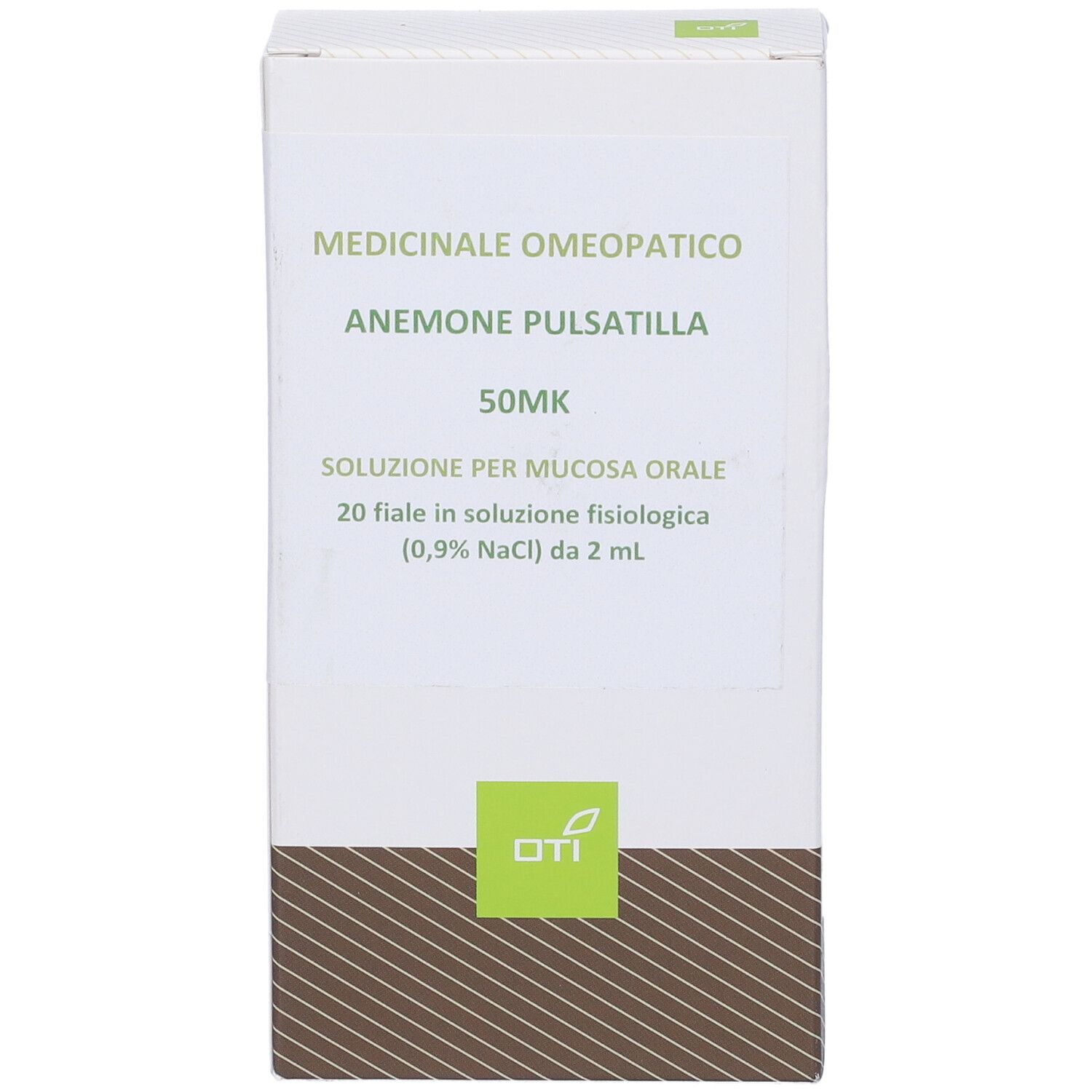 Scatola bianca con testo verde: Anemone Pulsatilla 50MK, soluzione per mucosa orale. Logo OTI.