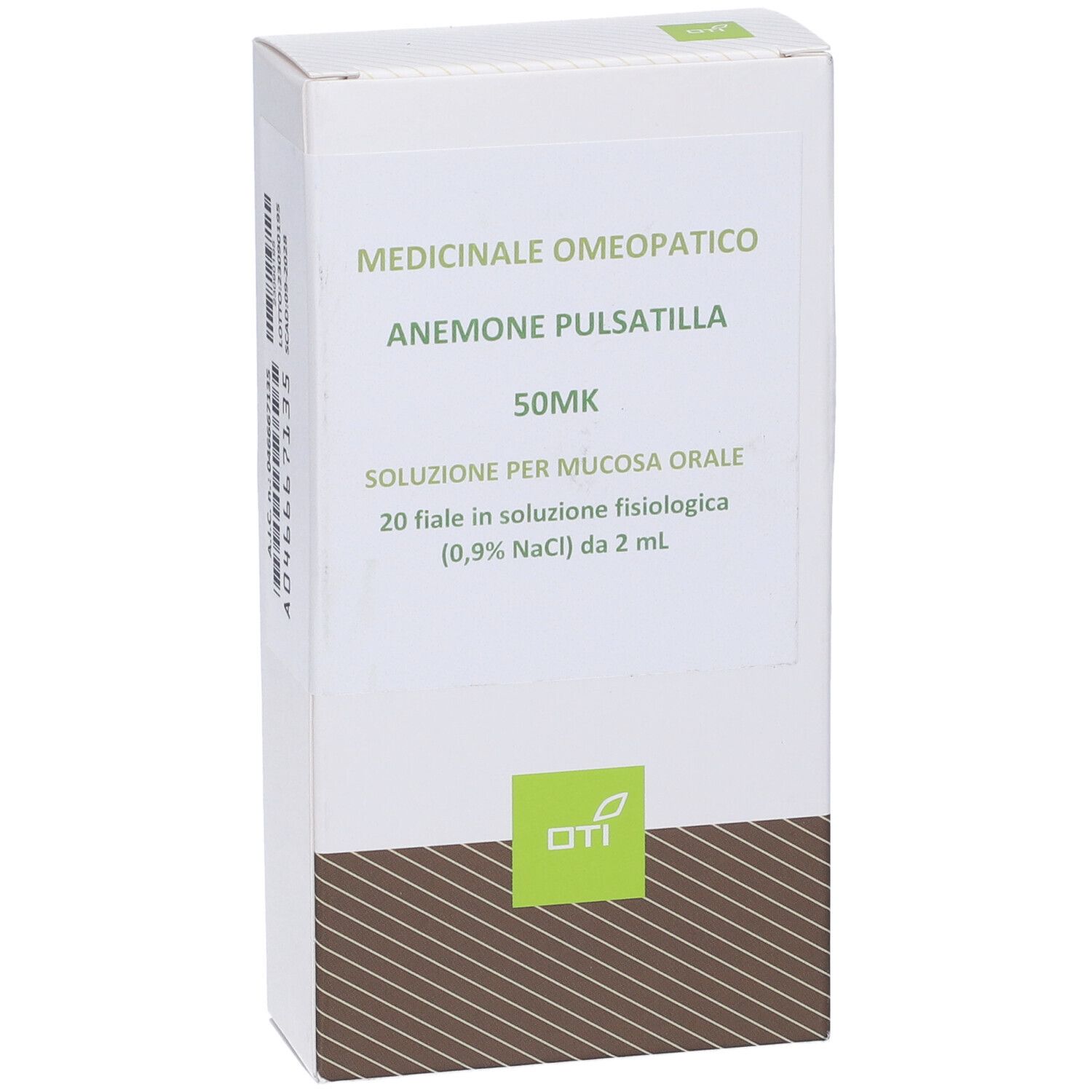 Scatola bianca con testo verde: Anemone Pulsatilla 50MK, soluzione per mucosa orale. Logo OTI.