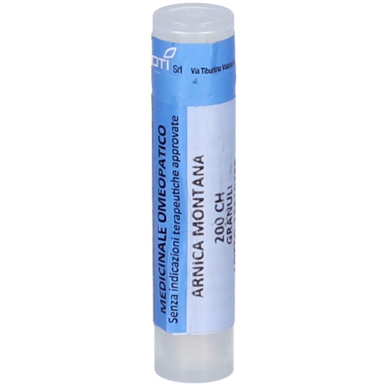 Confezione cilindrica con etichetta blu. Testo: Arnica Montana 200 CH Granuli. Logo OTI.