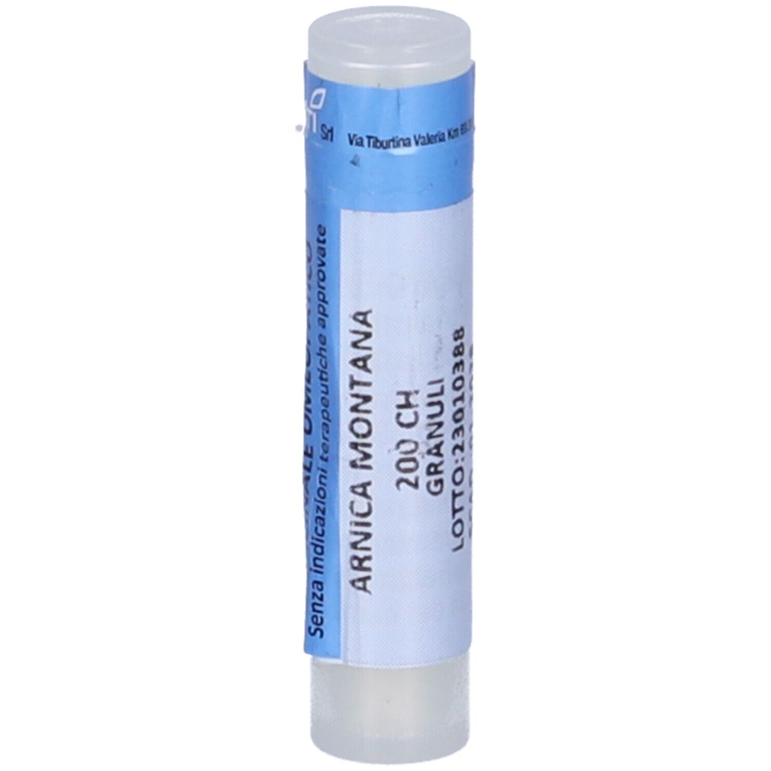 Confezione cilindrica con etichetta blu. Testo: Arnica Montana 200 CH Granuli. Logo OTI.