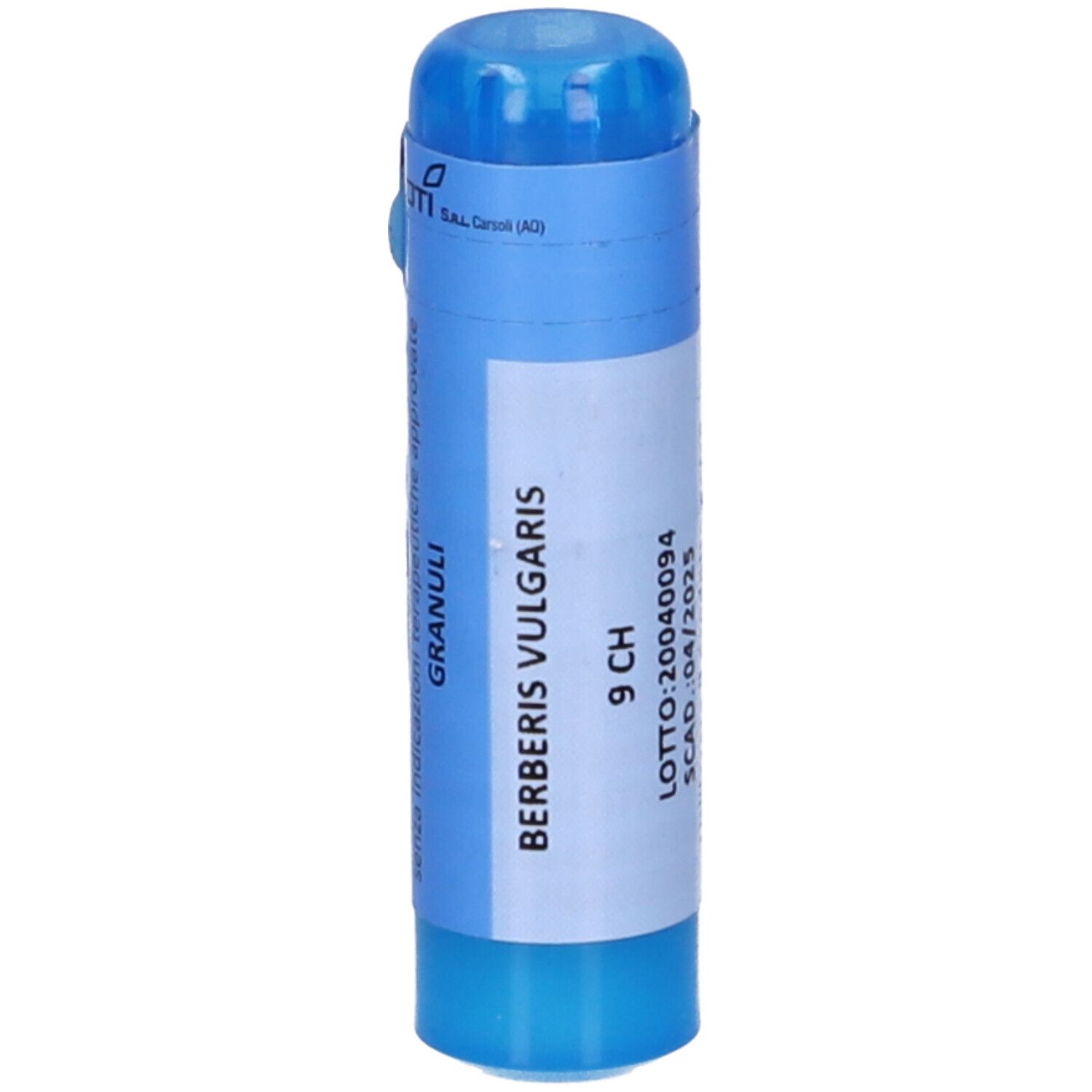 Contenitore cilindrico blu. Testo: Berberis Vulgaris 9 CH, LOTTO: 20040094, SCAD.: 04/2025.