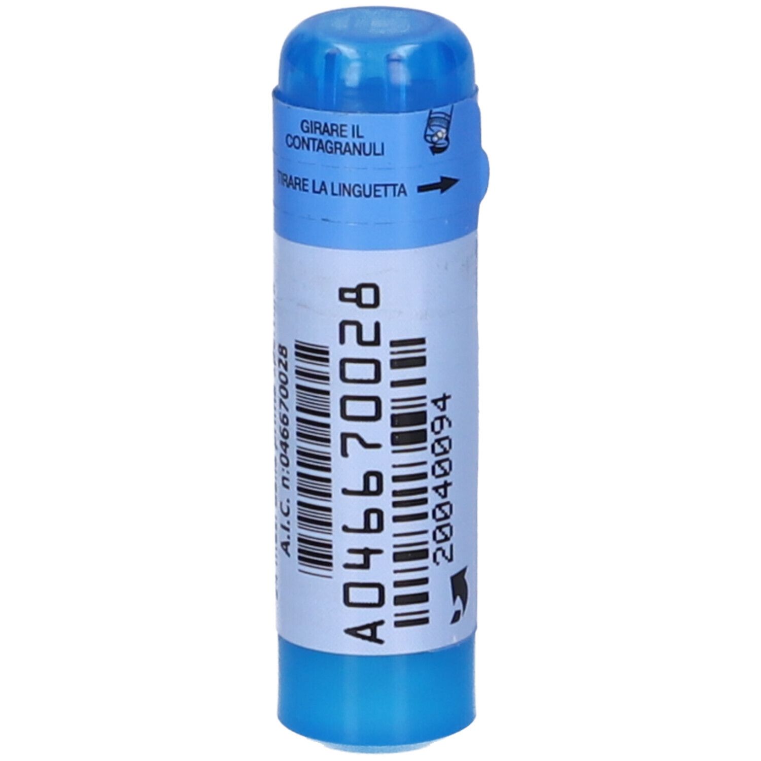 Contenitore cilindrico blu. Testo: A046670028, codice a barre e istruzioni per l'apertura.