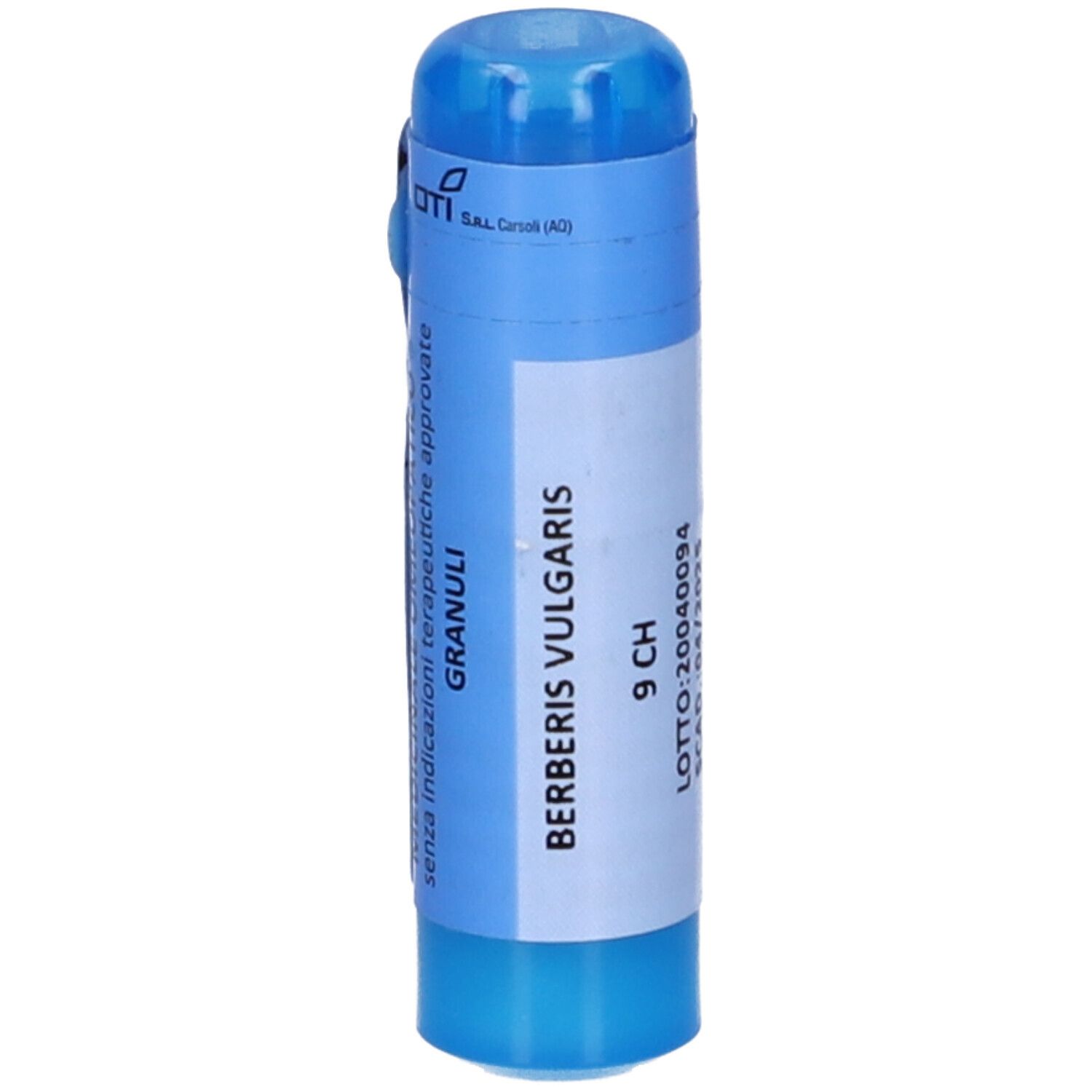 Contenitore cilindrico blu. Logo OTI. Testo: Berberis Vulgaris 9 CH, Granuli.