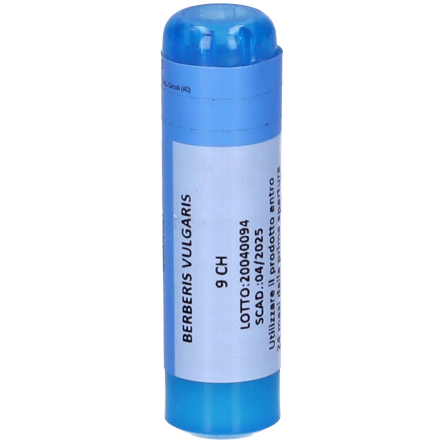 Contenitore cilindrico blu. Testo: Berberis Vulgaris 9 CH, LOTTO: 20040094, SCAD.: 04/2025.